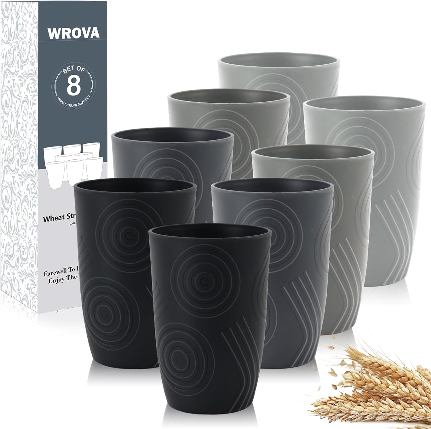 Wrova Wheat Straw Cups 16oz Tumbler Set of 8 with Etched Pattern - Alternative Plastic Cups Dishwasher Safe - Plastic Drinking Cups Unbreakable for Kids - Black to Grey
