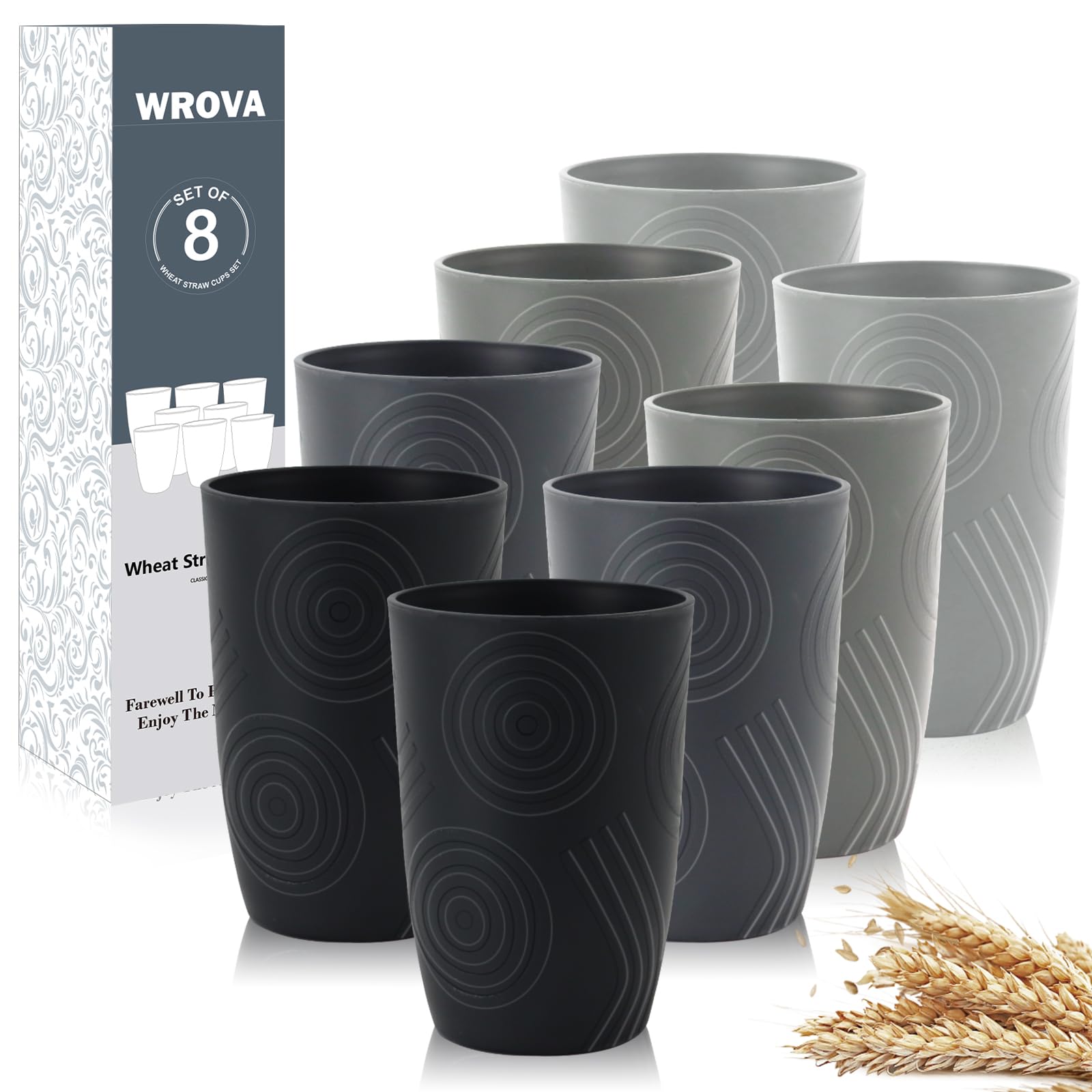 Wheat Straw Cups 16oz Tumbler Set of 8 with Etched Pattern - Alternative Plastic Cups Dishwasher Safe - Plastic Drinking Cups Unbreakable for Kids - Black to Grey