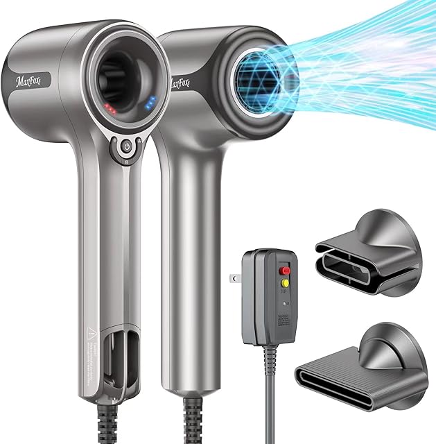 Maxfoxe Ionic Hair Dryer, Fast-Drying with Brushless DC Motor,Salon Negative Ions Blow Dryer,No Heat Damage,UL Approved and ALCI Safety Plug,Cold Button Light & Low Noise 2 Magnetic Nozzles