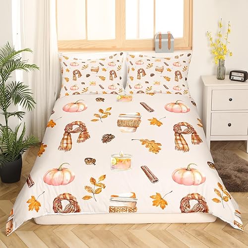 Miniatura 2 de Juego de ropa de cama de acuarela de otoño, tamaño King para el hogar, funda de edredón de hojas de arce y calabaza naranja, funda de edredón