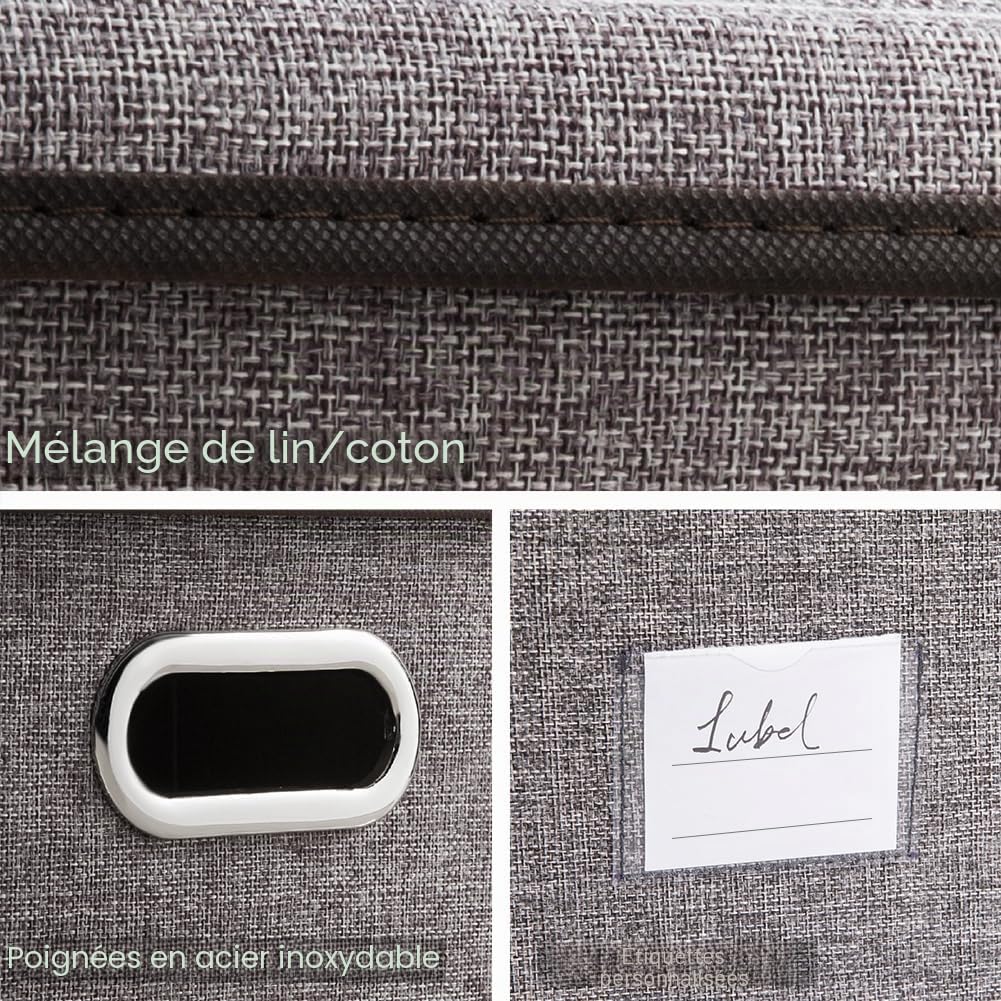 Prandom Grande Boîtes de rangement pliable avec couvercle,[Lot de 3] bacs de rangement de lin décorative, Panier Cube avec poignées,gris(58x40x30cm)