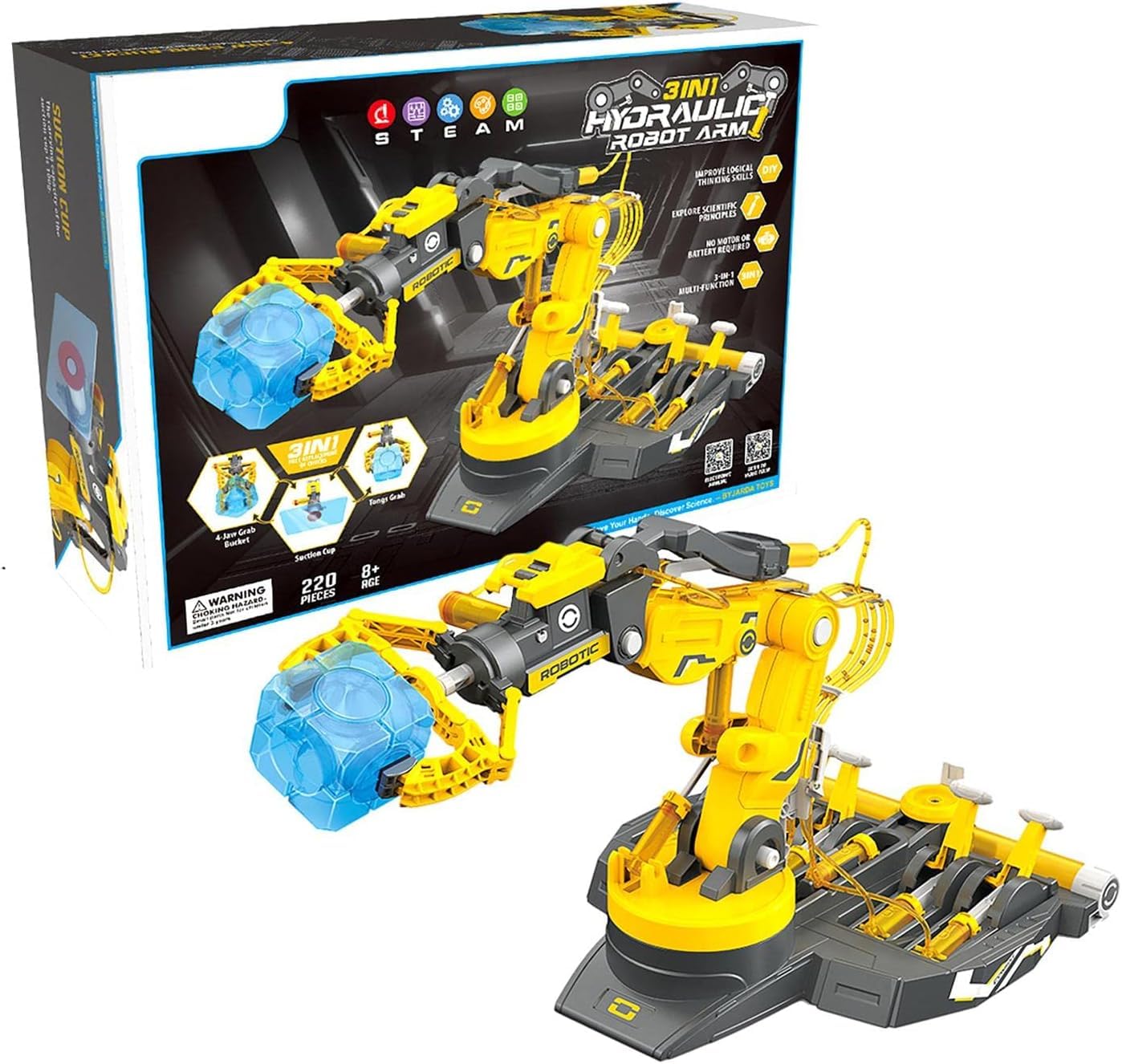 KIDSAVIA ® - STEM Toys - 3 in 1 Hydraulic Excavator Robotic Arm -Engineering Building Blocks- Chucks Tongs Grab/Suction Cup/Jaw Crab Shovel, Learn Robotics Educational Kit Ages 6-12 for Boys & Girls