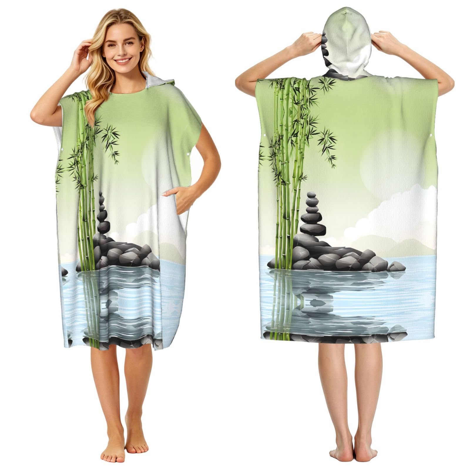 EZDLOWVBA Stone Print Hooded Poncho Microfiber Beach Towel,Adult Women & Men Changing Robe,Lightweight Summer Surf Swim Bath Poncho Towel
