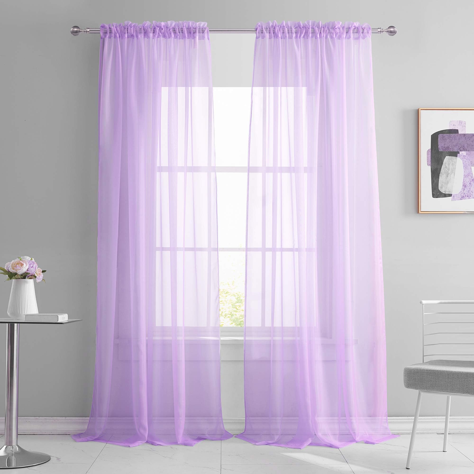 KEQIAOSUOCAI 2 Panels Light Purple Sheer Curtains 95 Inch Length Rod Pocket Lilac Lavender Panels Sheers for Bedroom Living Room Wedding Party Bachdrop Each is 52W x 95L