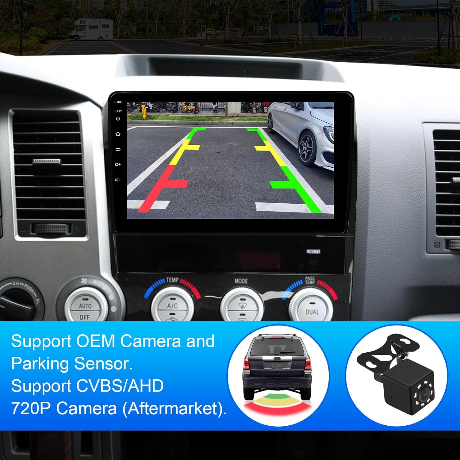 Image showing the car stereo display with a backup camera view, including parking guidelines.