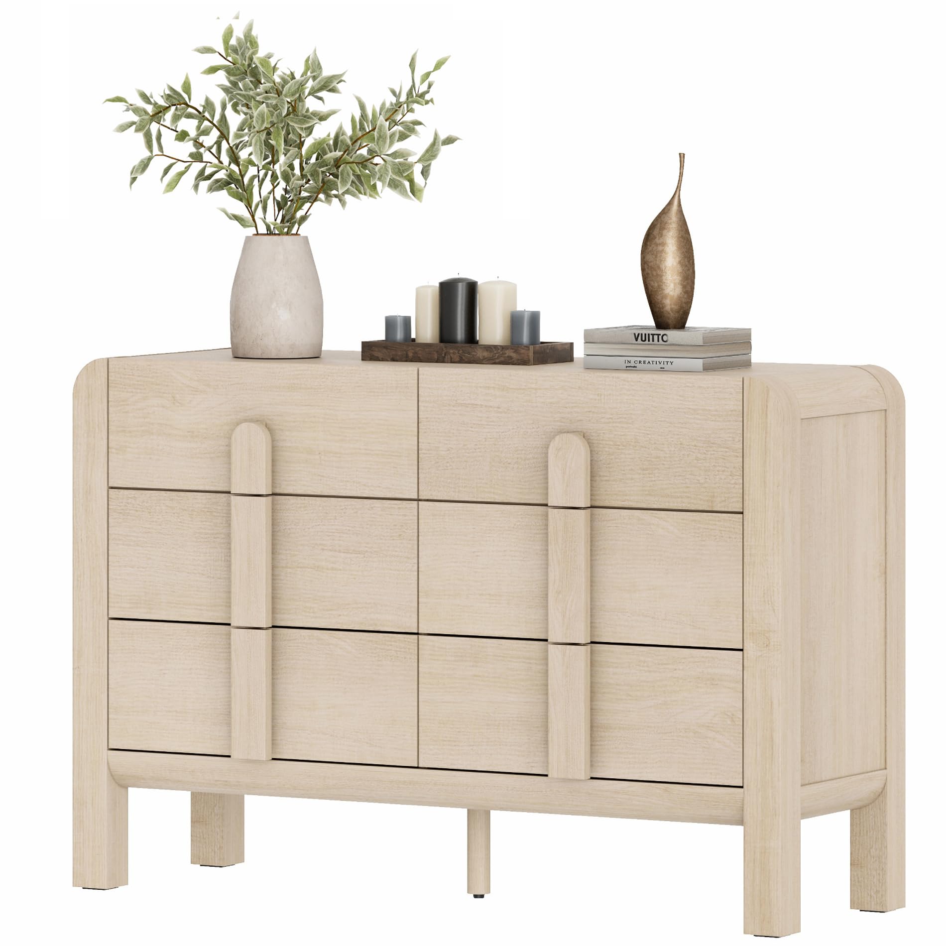 Cómoda WAMPAT 47 de 2 pulgadas de ancho para dormitorio, moderna cómoda doble de 6 cajones con cajones profundos, cómoda de madera con tirador curvo para habitación infantil, color roble claro