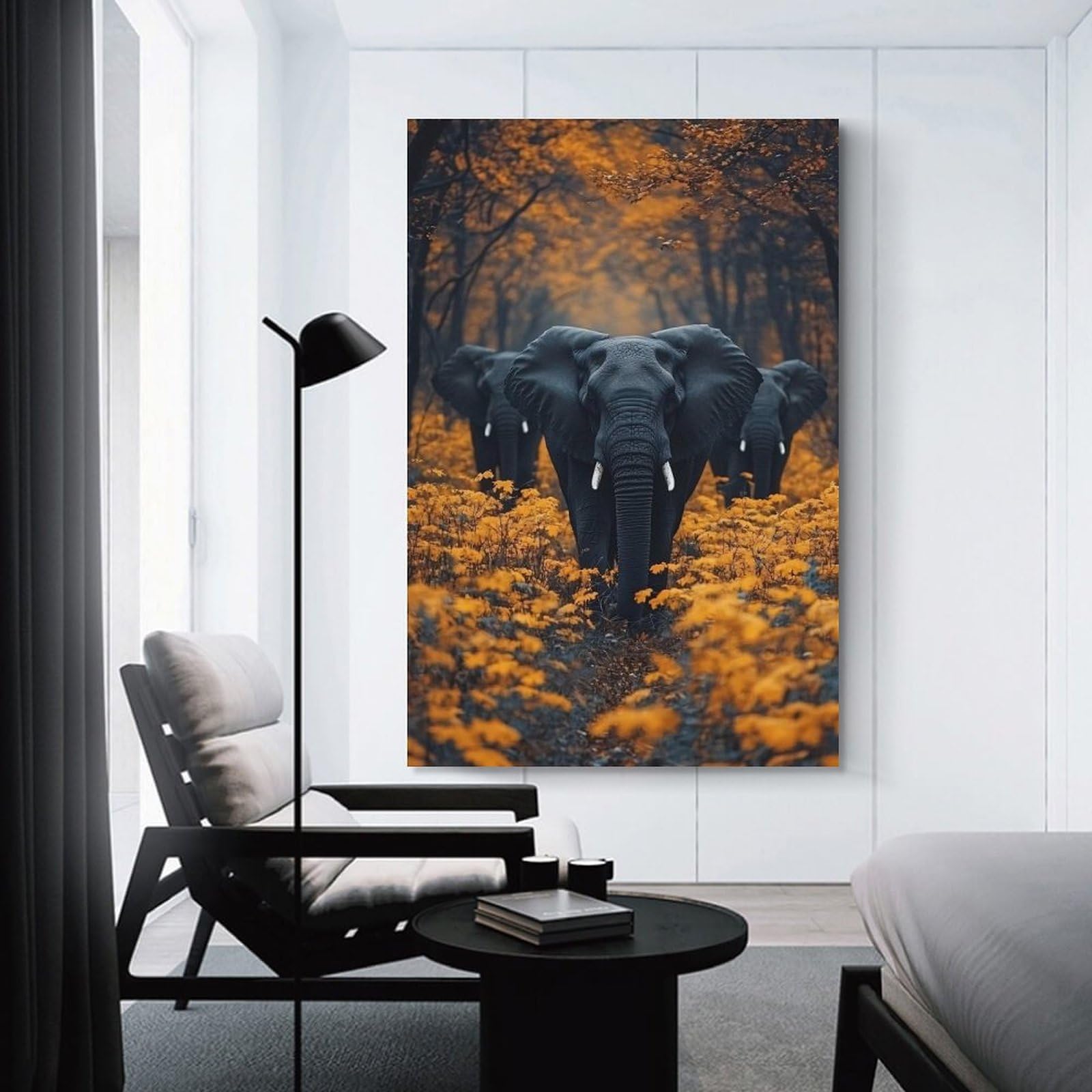 Junmoney Elephants in Autumnal Forest Wall Decor Canvas Print 08x12inch(20x30cm), for Lounge, Study, Hallway Or Flat Walls, Decorative Artwork with Broad Appeal