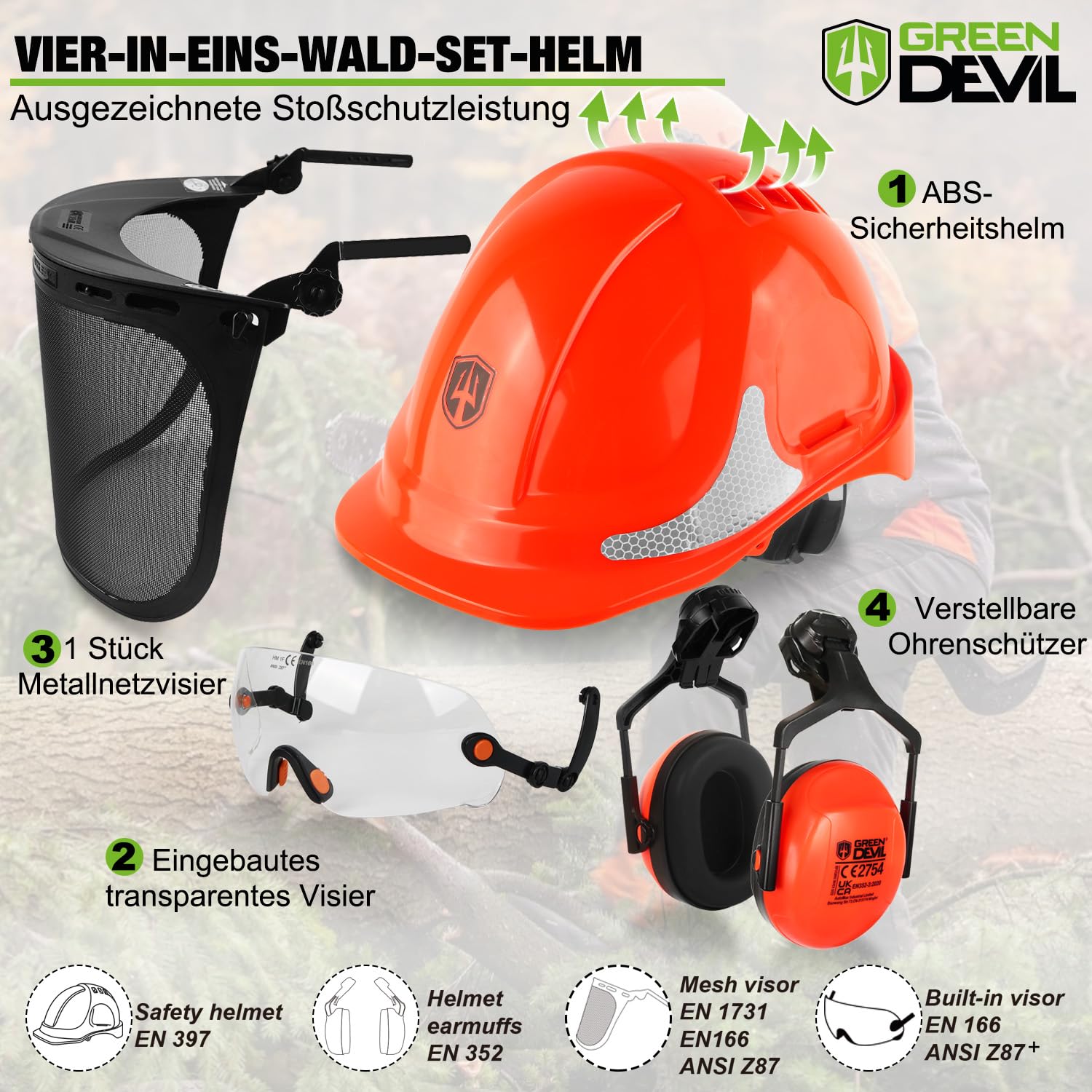GREEN DEVIL 2910VR Casque de protection pour tronçonneuse EN397 Casque de sécurité double protection des yeux 4 en 1 résistant aux chocs Casque de travail confortable