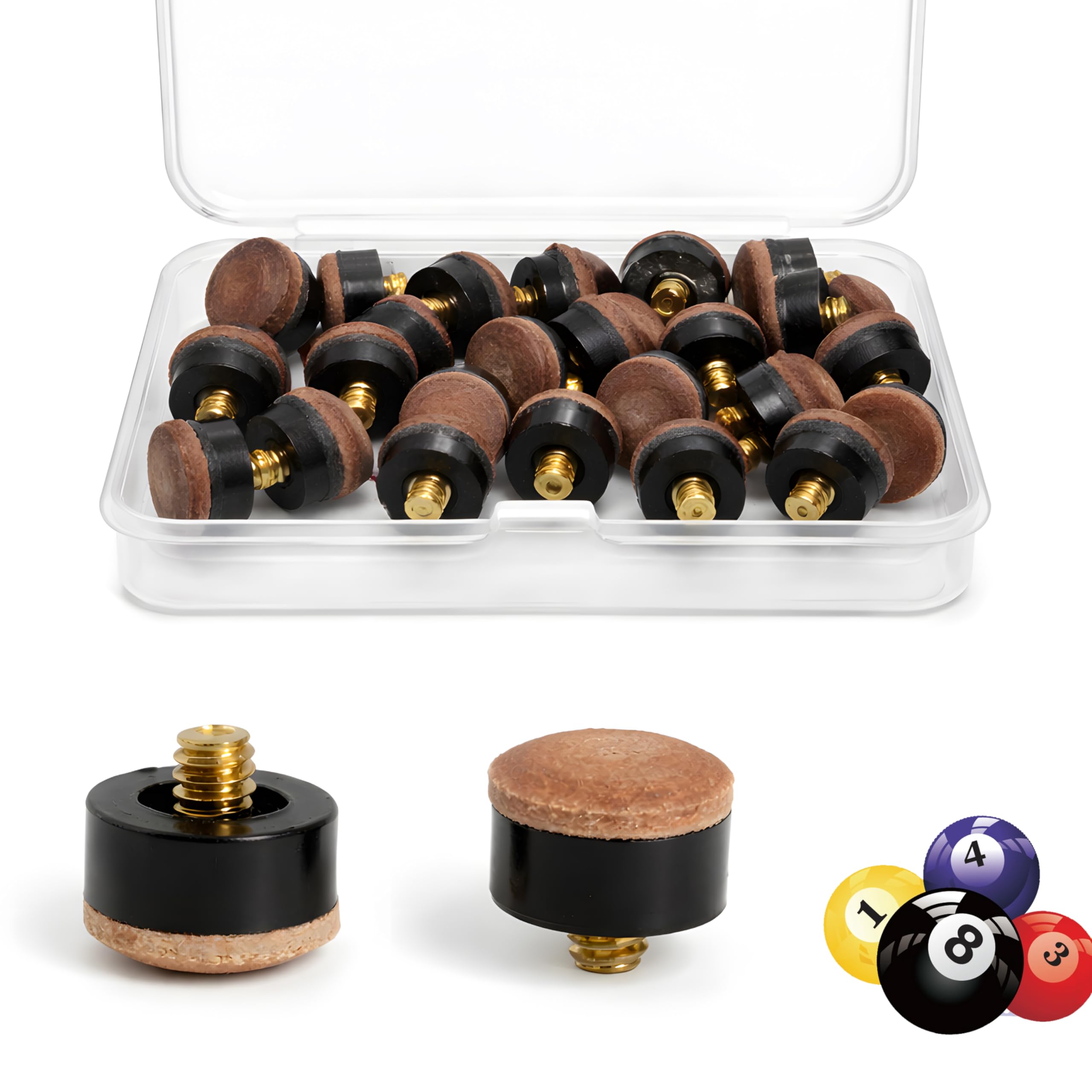 Set de 20 Tacos de Billar Atornillables 12mm+13mm Rosca M8 - Puntas de Cuero y Plástico, Resistentes al Desgaste, Fácil Sustitución Sin Pegamento, Compatibles con Todos los Palos