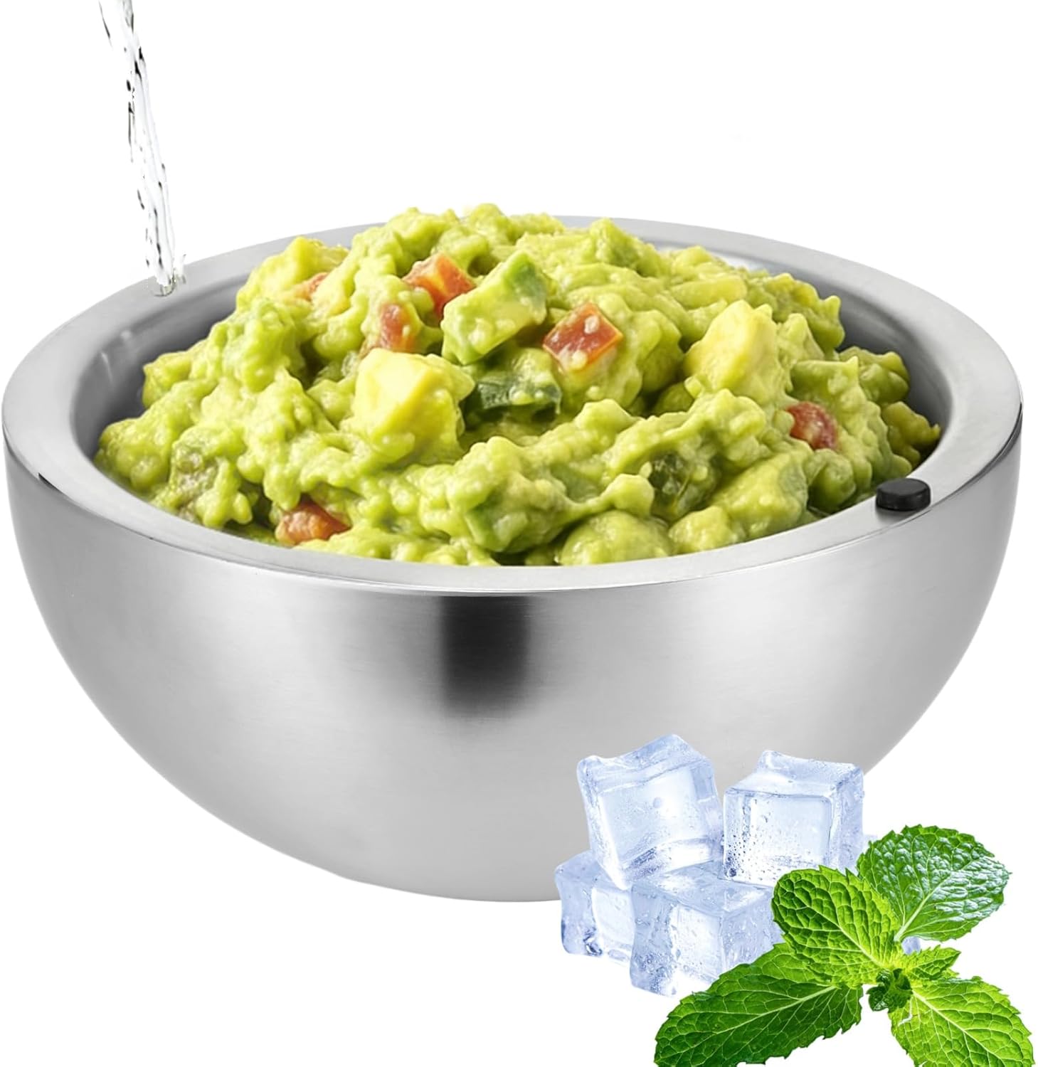 Salad Bowl, 70oz Dip Chiller Bowl, 9.4" Stainless Steel Double Walled Insulated Ice Serving Bowl with Water Injection Hole for Salsa, Guacamole, Sauces, Salad Food Hot or Cold