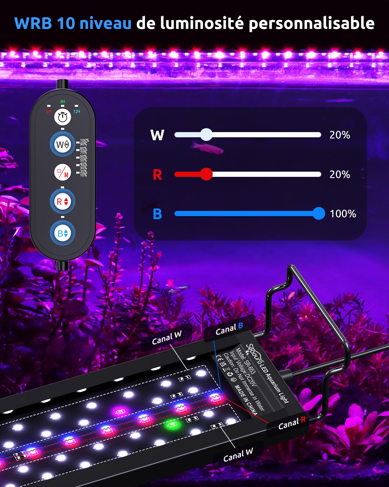 SEAOURA Lumière LED Aquarium WRB avec Minuteur pour Eau Douce 90-106 cm | SR-653, Spectre complet pour plantes, 6/8/12h minuterie auto, 3 canaux DIY, 11 couleurs & 10 niveaux, ABS, supports réglables