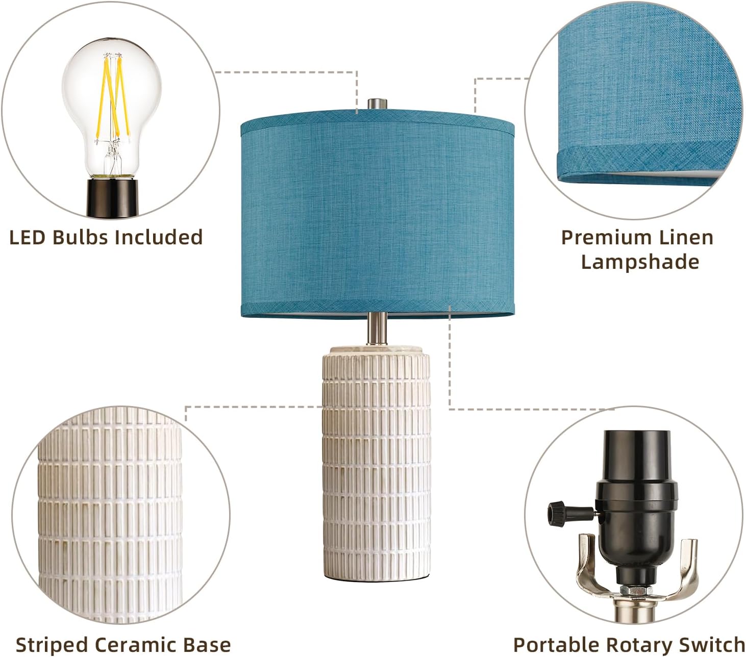 23" Modern Ceramic Nightstand Table Lamps Set of 2, Nautical Lamps for Bedroom Bedside, Side Table Lamps for Living Room, Dining Room, Office, 2 LED Bulbs Included (Blue)