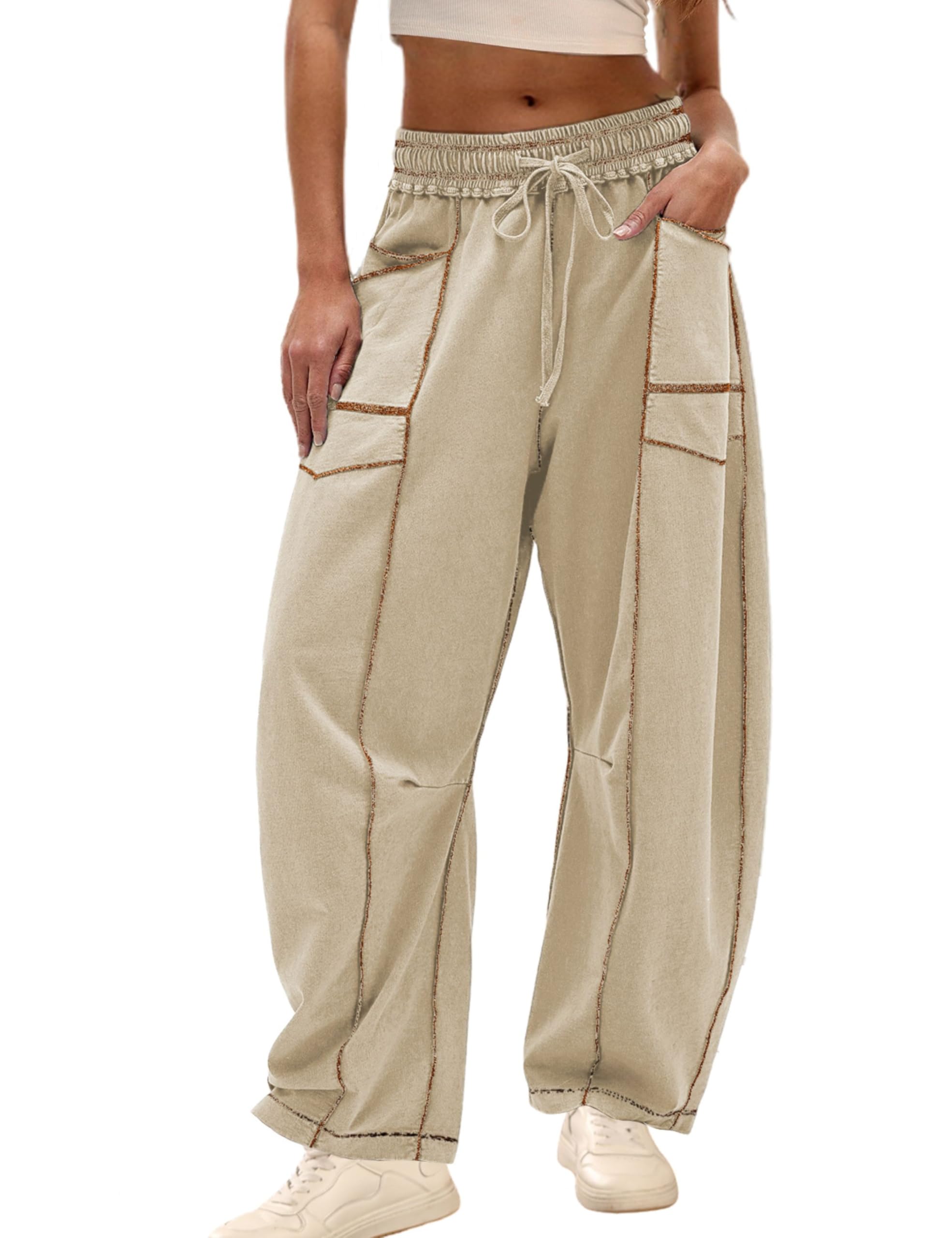 Womens Slouchy Barrel Sweatpants Mid Waisted Wide Leg Pants Drawstring Athletic Baggy Pants Lounge Sweats