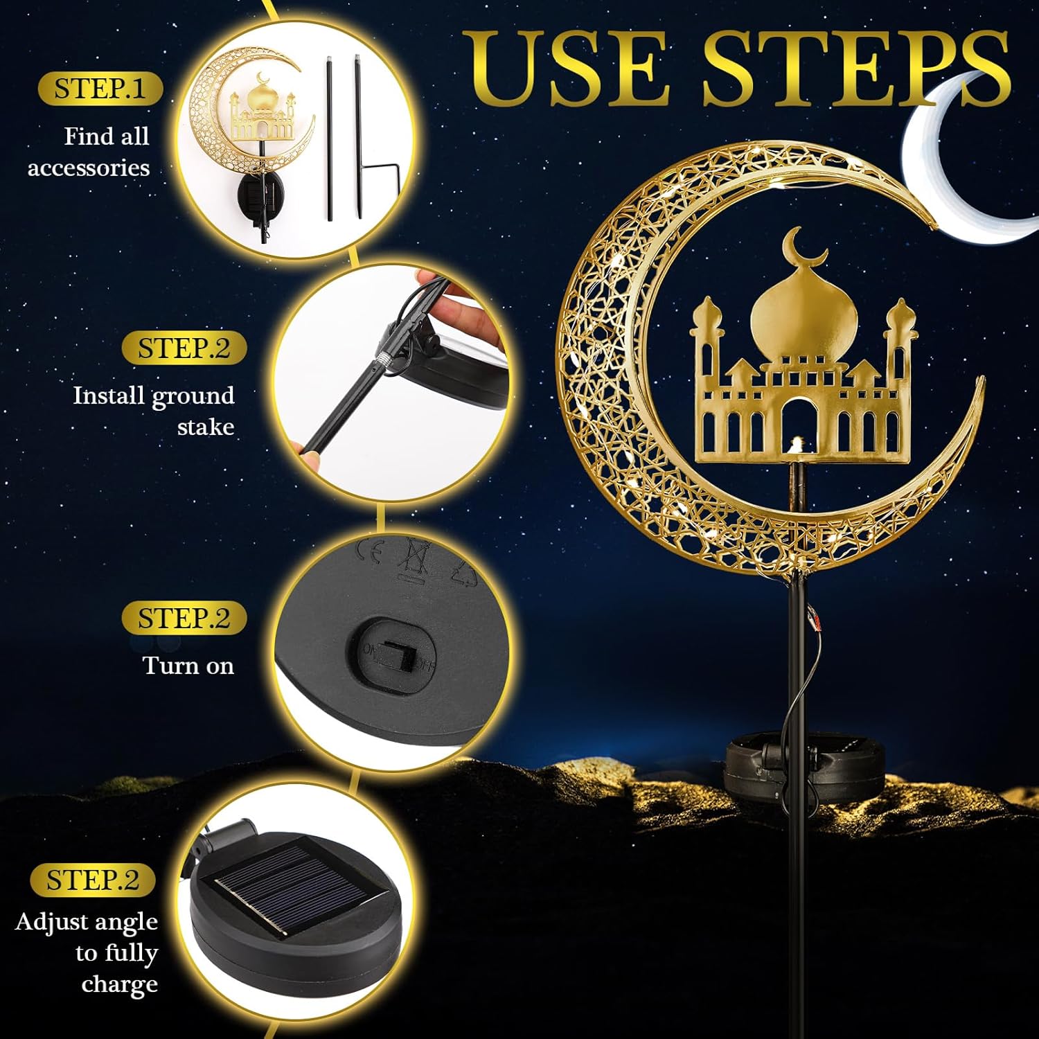 Tujoe 2 Pcs Eid Mubarak Solar Lights Eid Al Adha Outdoor Decorations Mubarak Star Moon Lights Solar Stakes Waterproof for Outdoor Decorations Garden Walkway Lawn Patio Yard(Muslim)