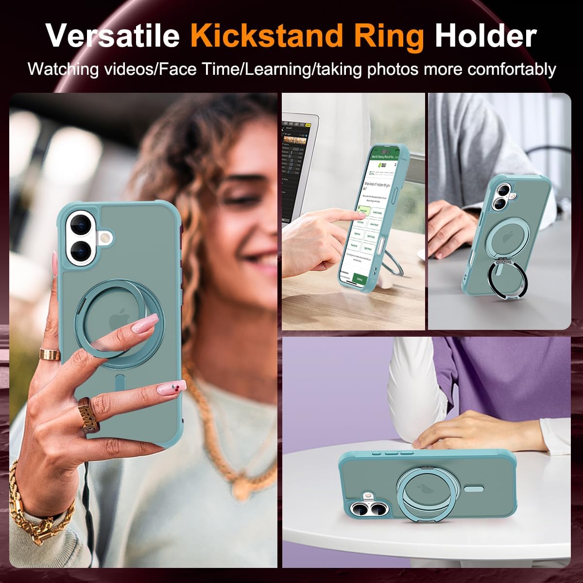 for iPhone 16 Case with 360° Rotatable Magnetic Ring Stand [Compatible Mag-Safe] [Military Grade Protection] Translucent Matte Phone Cases for Women Men 6.1'', Green - Image 4