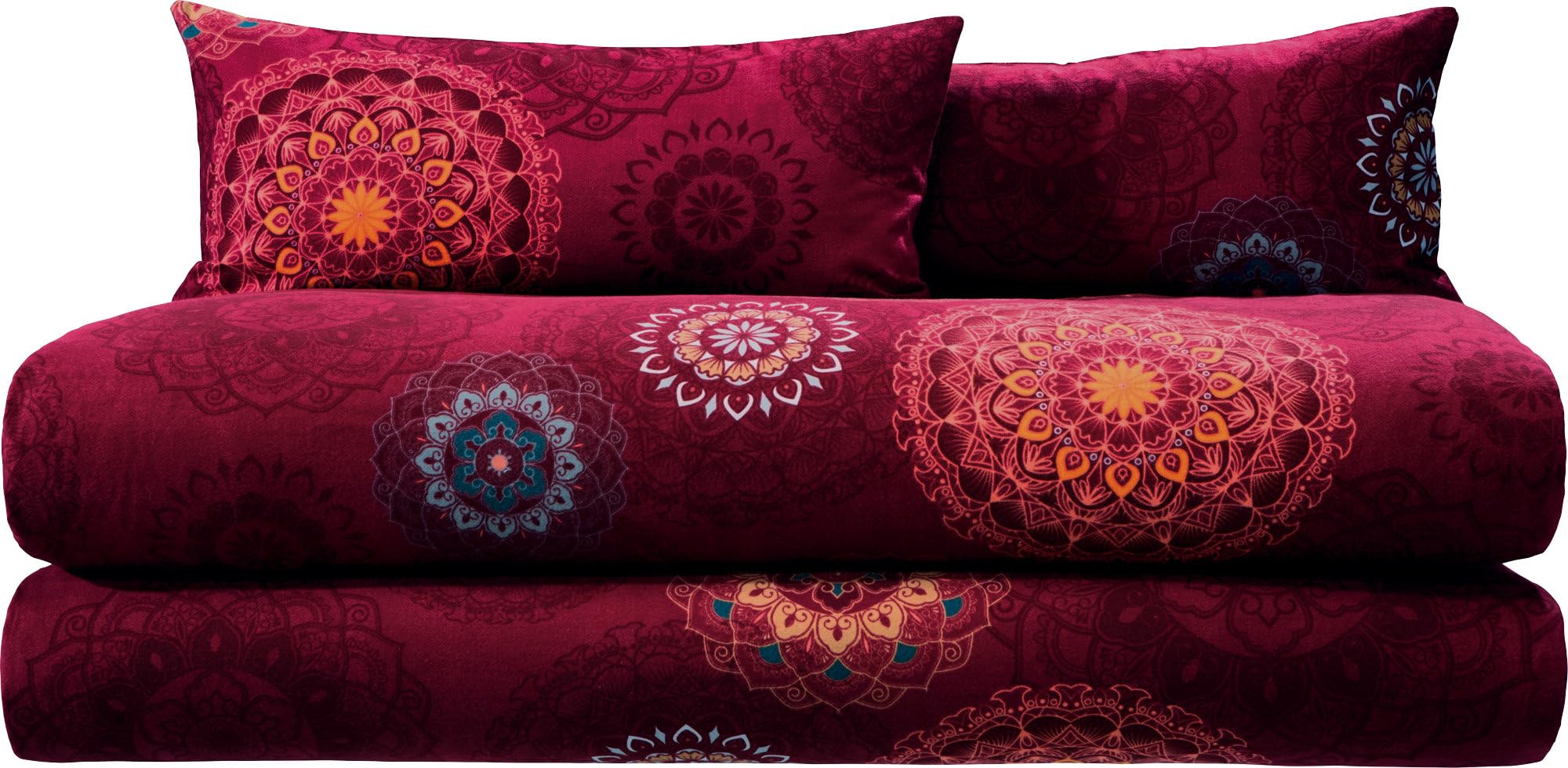 Erwin Müller Bettwäsche, Bettgarnitur Sparpaket 4-TLG. Flanell - Mandala - mollig warm, temperaturregulierend, mit praktischem Reißverschluss - Bordeaux Größe 40x80 cm / 135x200 cm
