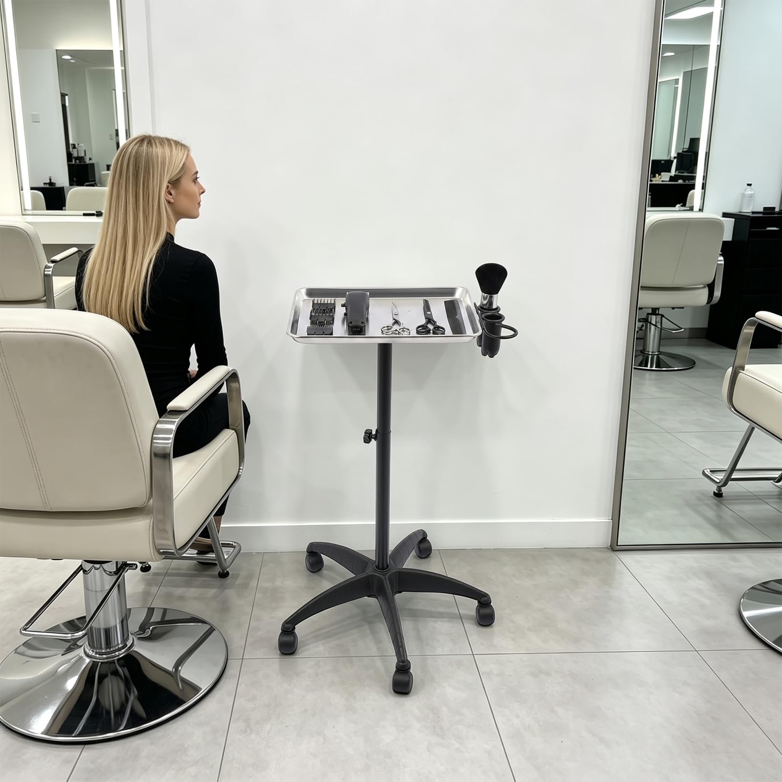 Carrello parrucchiere regolabile, estetista con vassoio e portautensili | Struttura in alluminio e ferro, vassoio 45x33cm con portautensili laterale, rotazione 360°, 5 ruote, per saloni e barbierie
