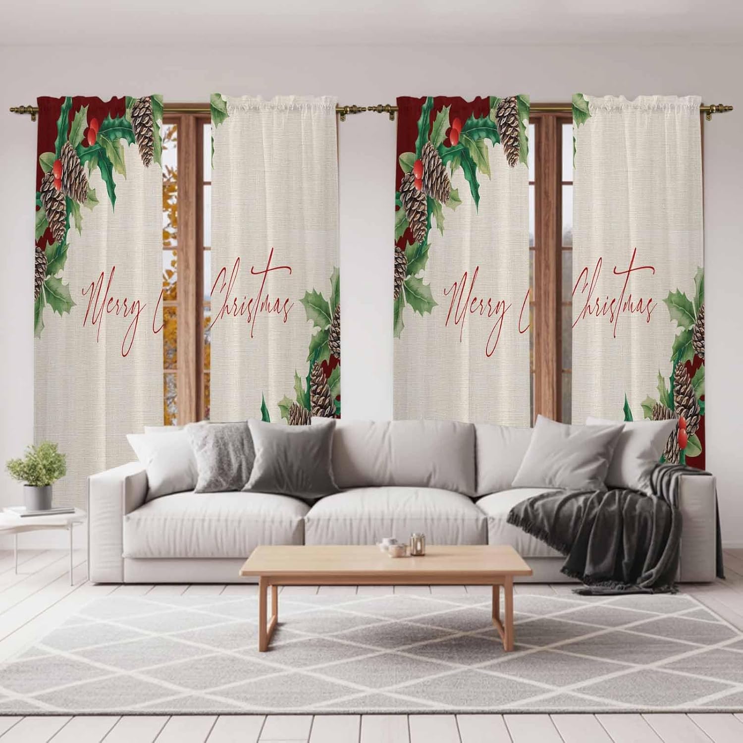 Merry Christmas Window Curtains 72 Inch Long 2 Panel Set, Rod Pocket Long Curtains & Drapes, Green Pine Cones Winter Berry Retro Light Filtering Window Treatment for Bedroom Living Room 52"W x 72"L