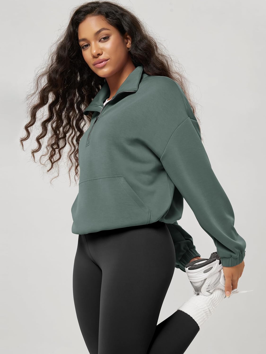ODODOS Women's Modal Soft Cinchable Sweatshirts Half Zipper Funnel Neck Oversize Pullover with Pockets - Image 2