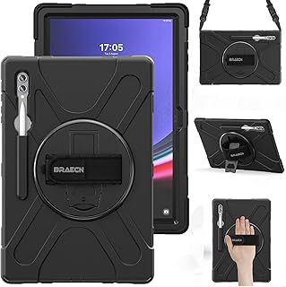 BRAECN Samsung Galaxy Tab S9 Plus/S8 Plus/S7 Plus/S7 FE Case 12.4 Inch,Heavy Duty Shockproof Case with S Pen Holder& 360 Rotating Hand Strap/Kickstand Shoulder Strap for Galaxy Tab Tab S8 +/S7 +-Black