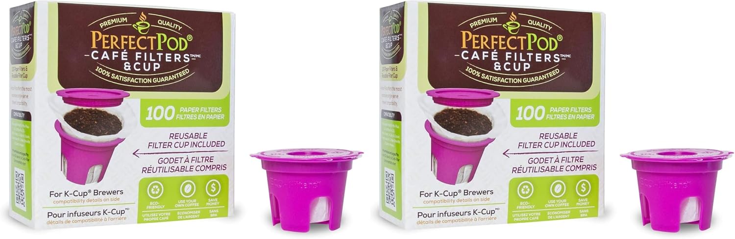 Perfect Pod Cafe Filters & Cup Reusable Coffee Pod Starter Pack - Compatible with Keurig and Select Single Cup Coffee Machines (Pack of 2)