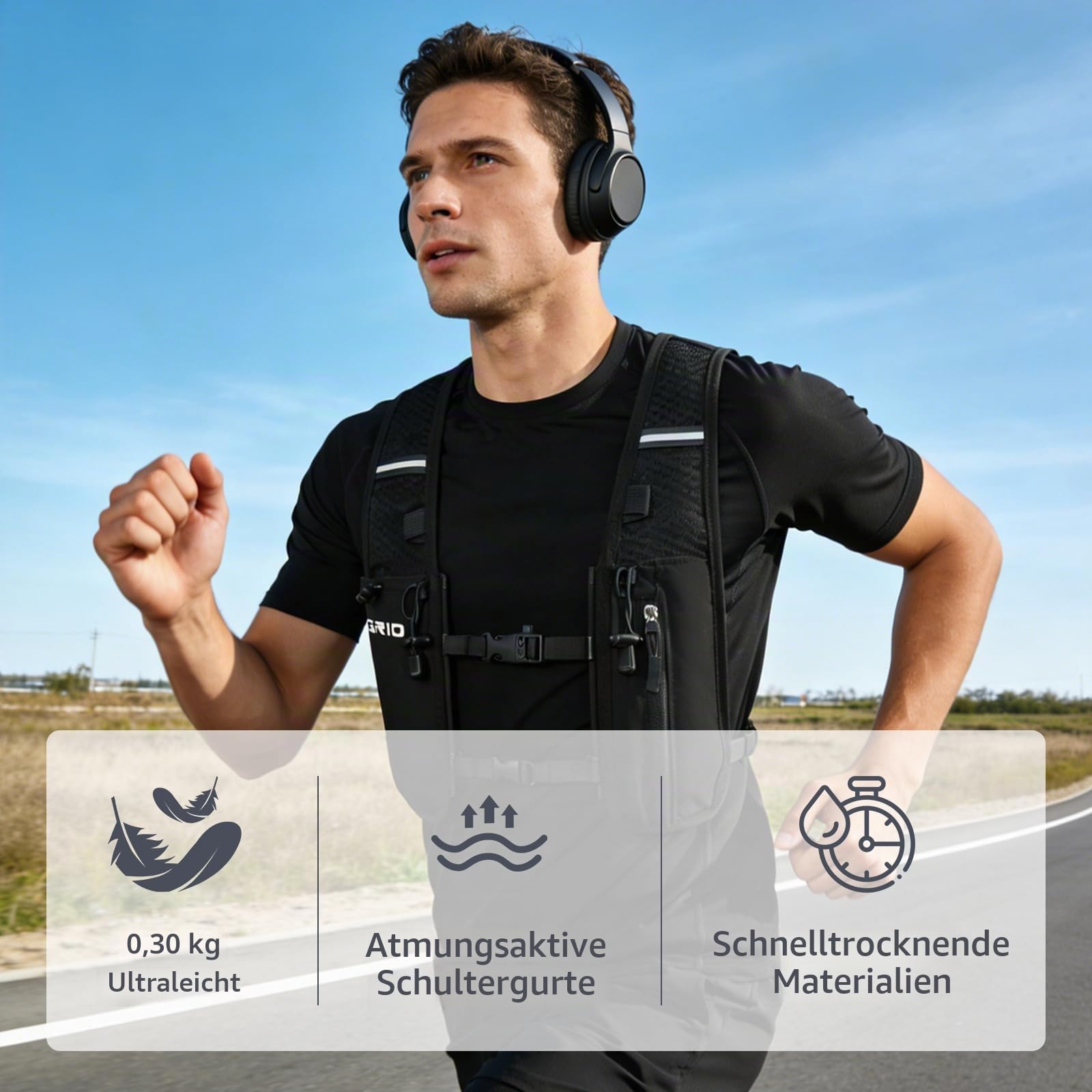 GRIO Laufweste Damen Herren mit 1,5L Trinkblase, Ultraleicht Verstellbar Reflektierend, Running Vest Trinkweste Laufen mit Handyfach, Laufrucksack Trinkrucksack für Wandern