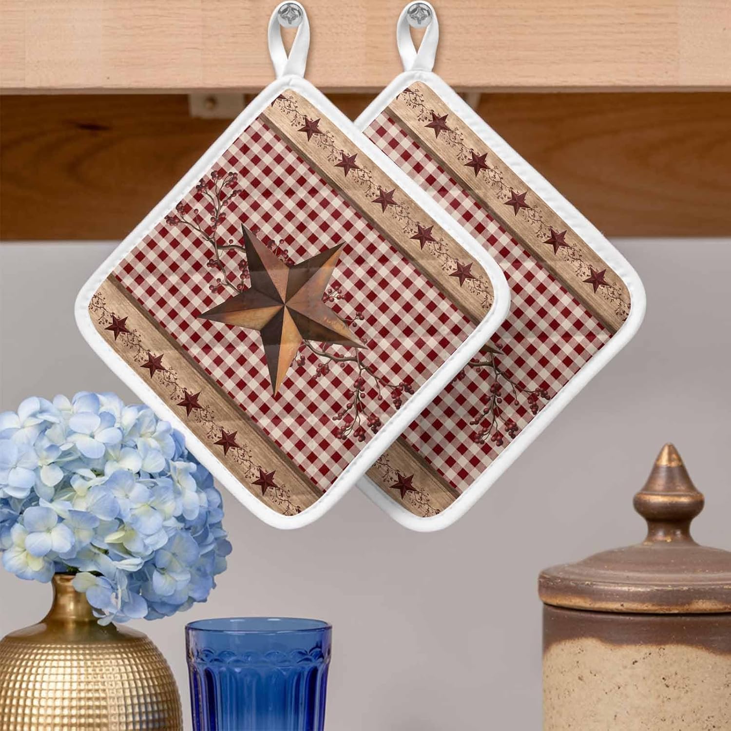 5 Pack Pot Holders for Kitchen, Vintage Texas Star Brown Hot Pads for Kitchen Countertops Oven Pot Holder Bulk, Red Plaid Berry Farmhouse Heat Insulation Potholders with Hanging Loops