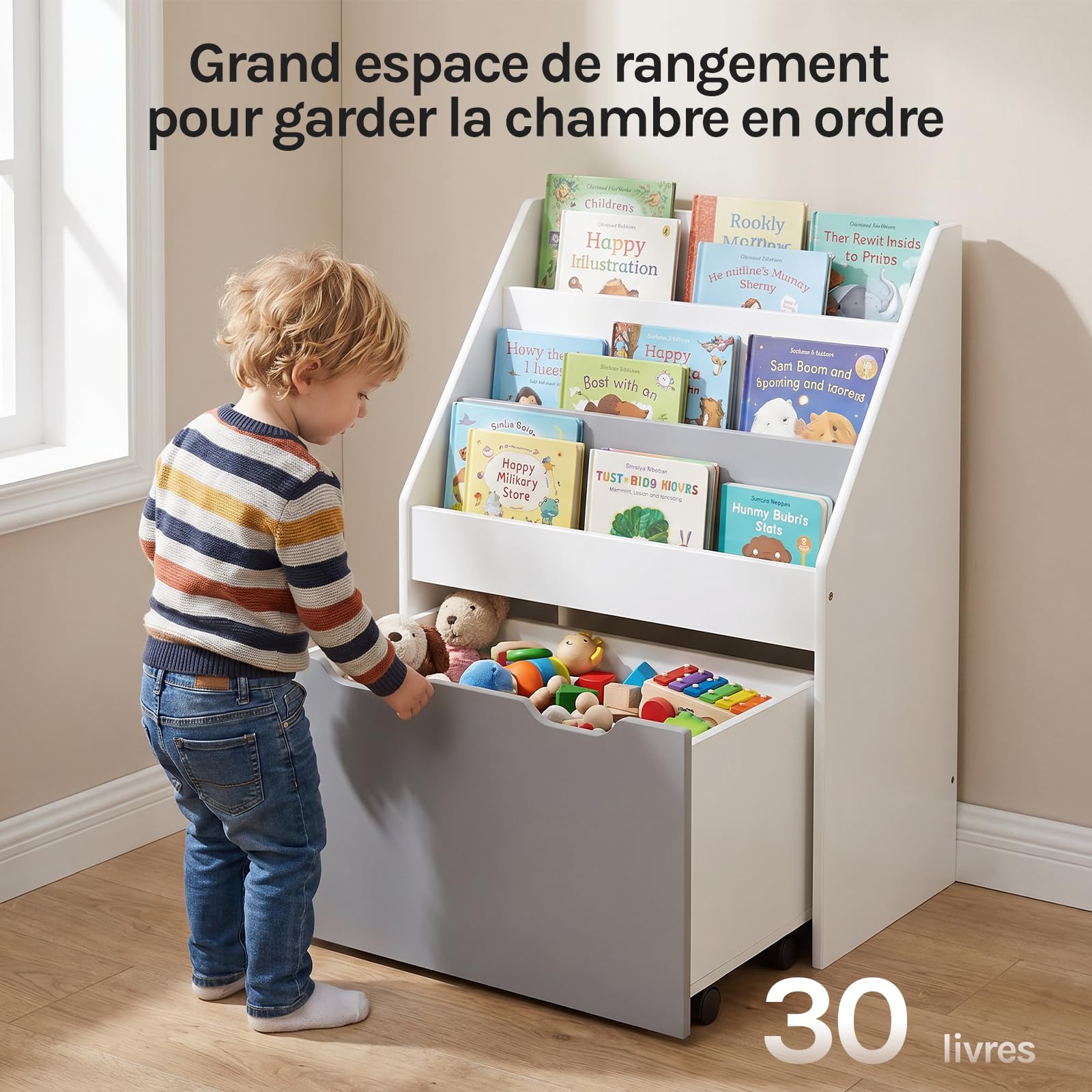 WOLTU Étagère à Livres pour Enfants Bibliothèque en MDF Boîte de Rangement avec 3 Compartiments et 4 roulettes intérieurs, Gris et Blanc