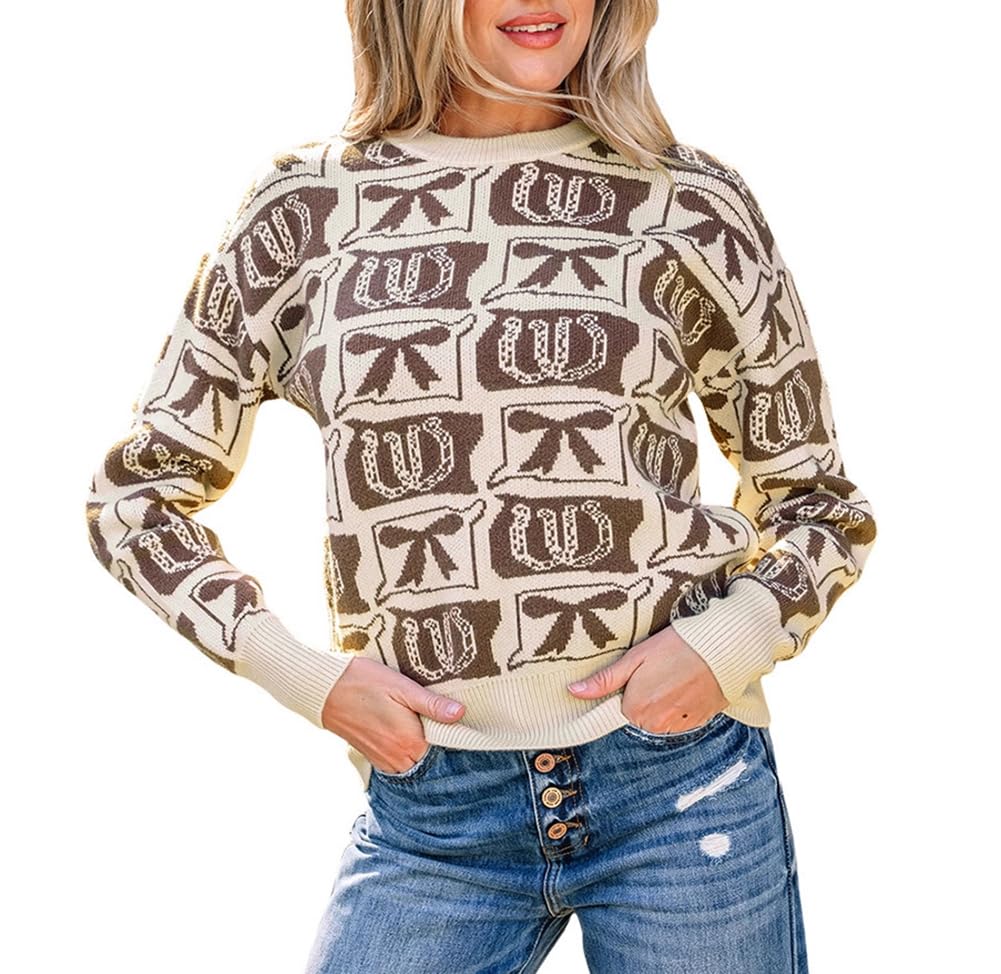 Melliflo Womens Bow Sweater Long Sleeve Crewneck 2-Tone Rhombus Knit Sweater Loose Horseshoes Pattern Western Sweaters Winter
