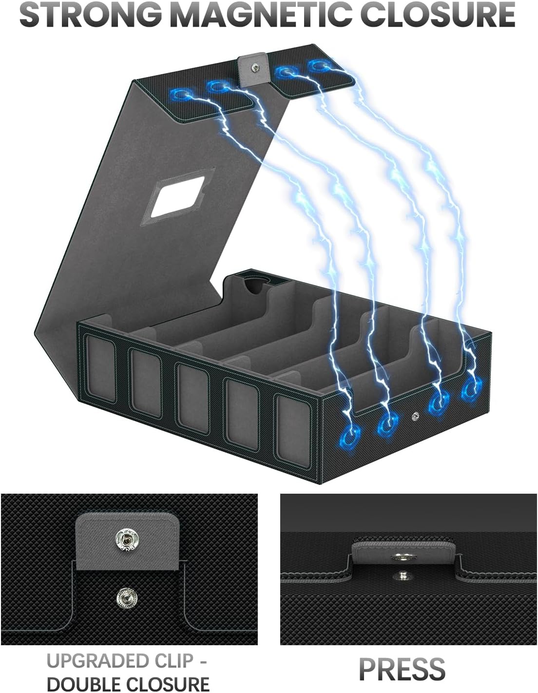 Trading Card Storage Box Gomyrod, 5-Row Card Case with Commander Display & Portable Handle, 4200+ MTG Deck Box Compatible for MTG/TCG/Magic Cards, 30 Colorful Divider, 8 Card Supporters (Black & Grey)