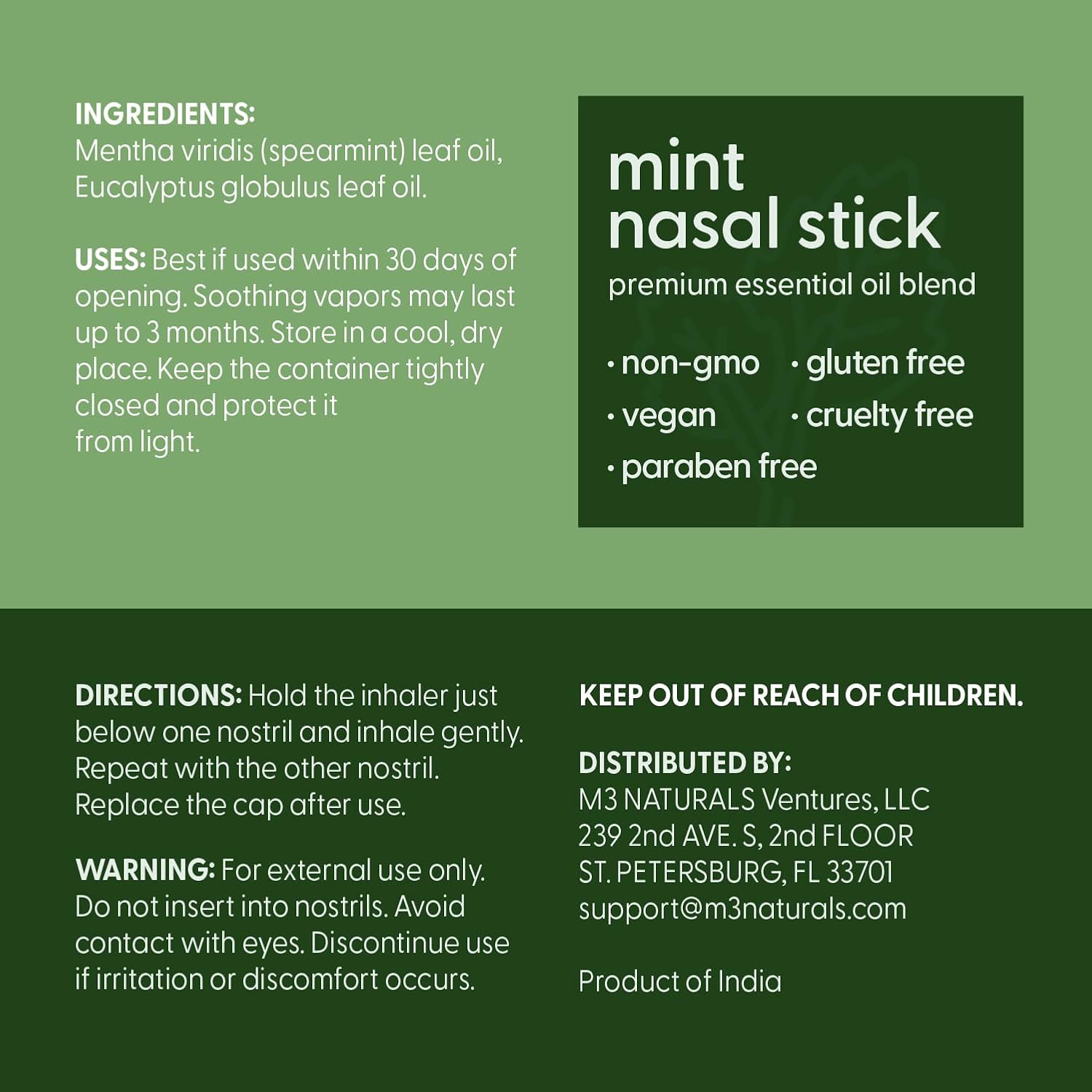 Mint Nasal Inhaler Stick| Essential Oil Aromatherapy Inhaler | Refreshing Mint & Eucalyptus Scent | Portable, Non-Medicated Vapor Stick for Daily Wellness, 4 Pack, by M3