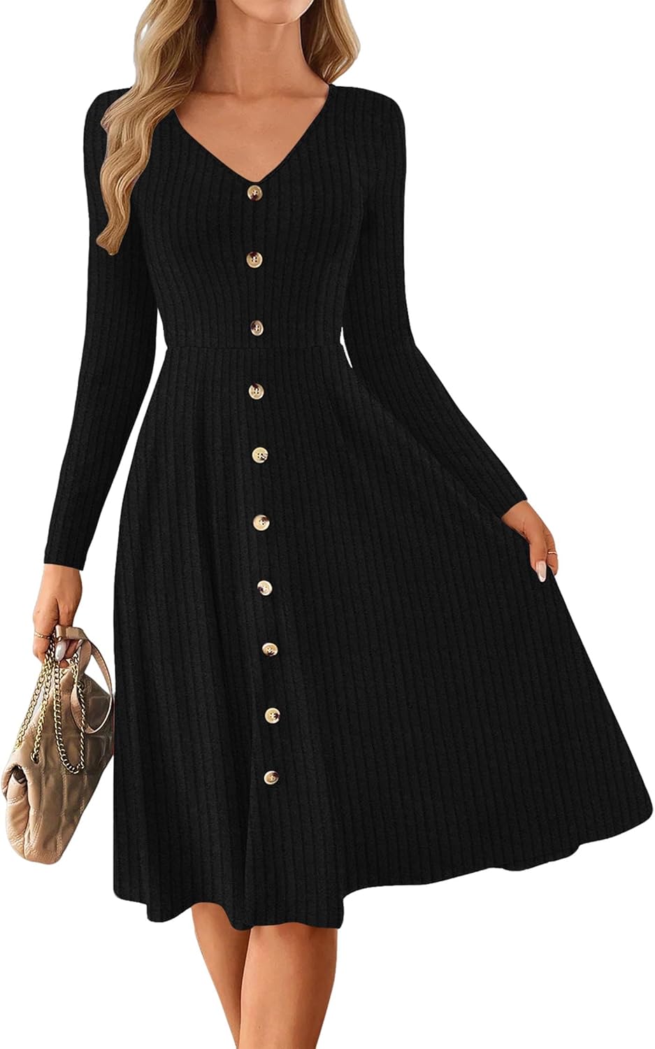 Lazysmile Long Sleeve Fall Winter Dresses for Women V Neck Button Down A Line Swing Casual Knit Sweater Dress