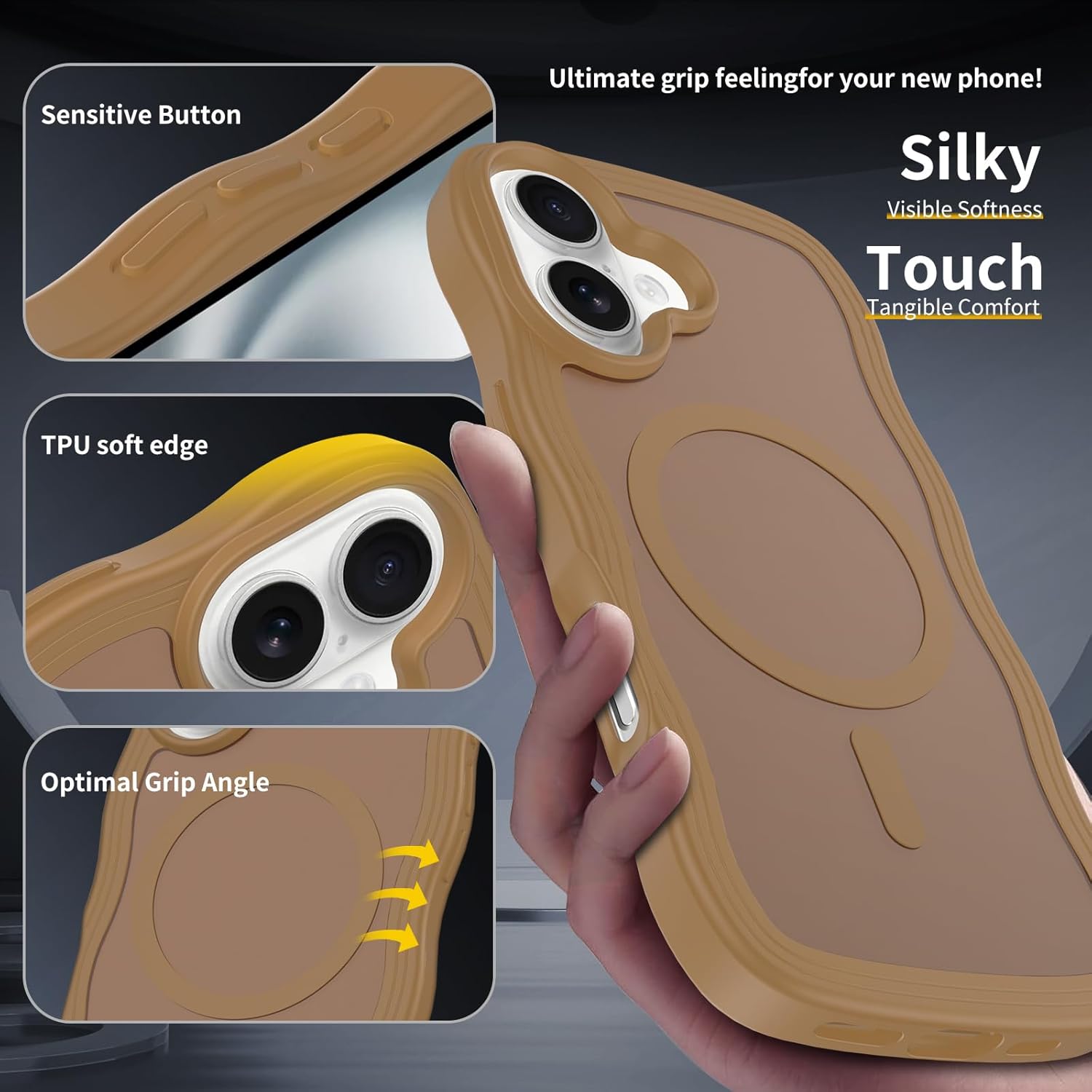 magnetic for iphone 16 plus case, (compatible with magsafe) curly wavy frame hard translucent matte clear back cover for women men tpu bumper shockproof phone case (coffee brown) matte coffee brown iphone 16 plus