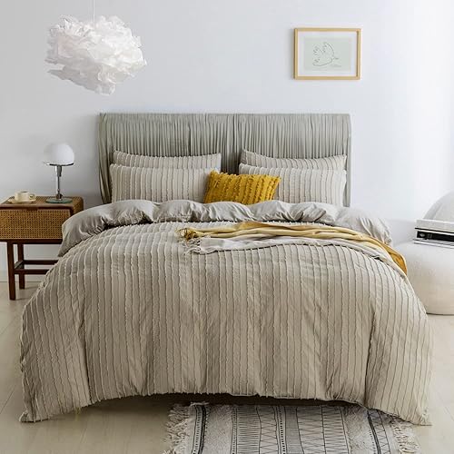 JELLYMONI Funda de edredón color caqui, tamaño individual, juego de funda de edredón de microfibra copetuda de 3 piezas, funda de edredón bohemia a