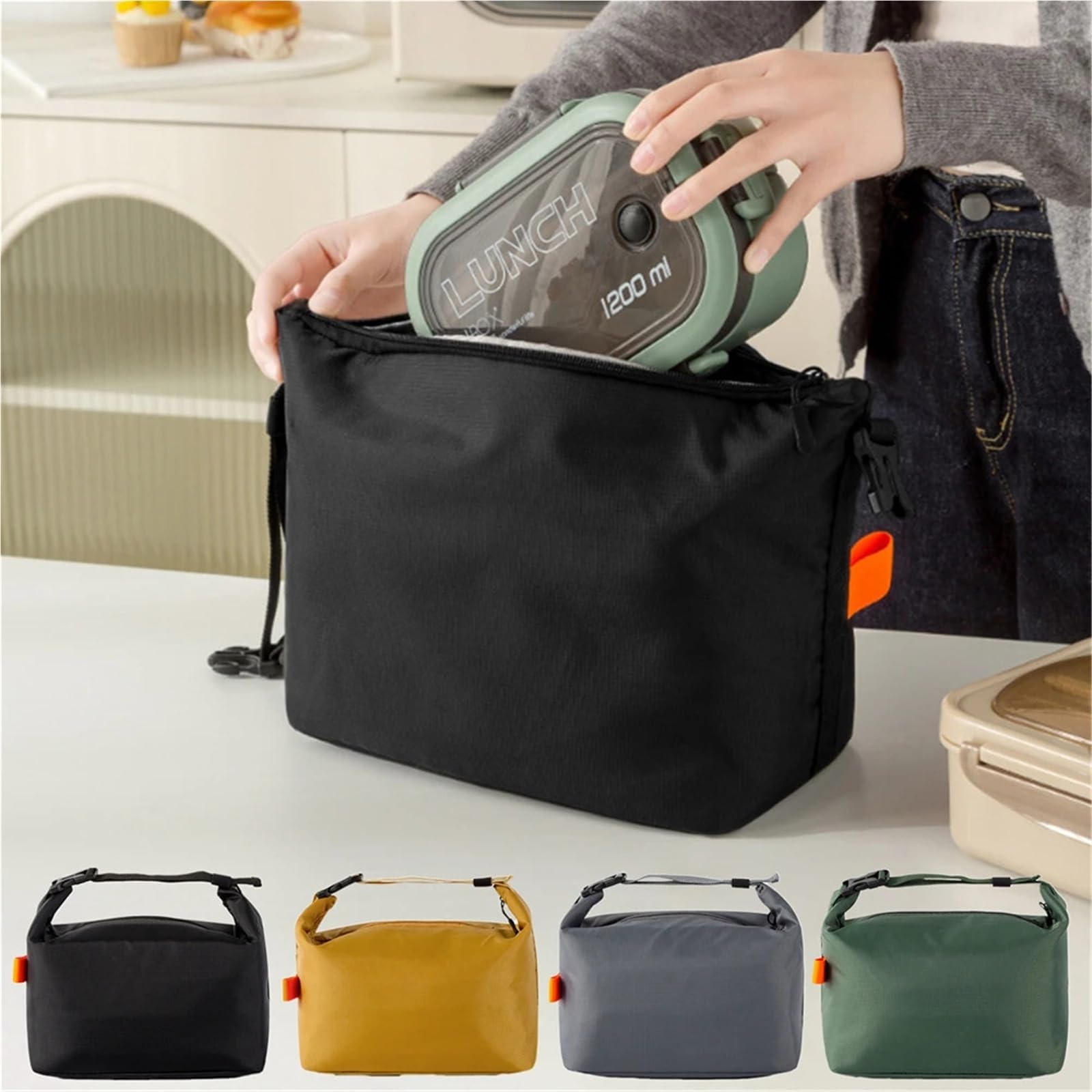 Bolsa termica Bolsas de almuerzo mayor capacidad, contenedores comida a prueba fugas, bolsa Bento mano for trabajo, oficina, Picnic, 1 ud para Exteriores(Black)