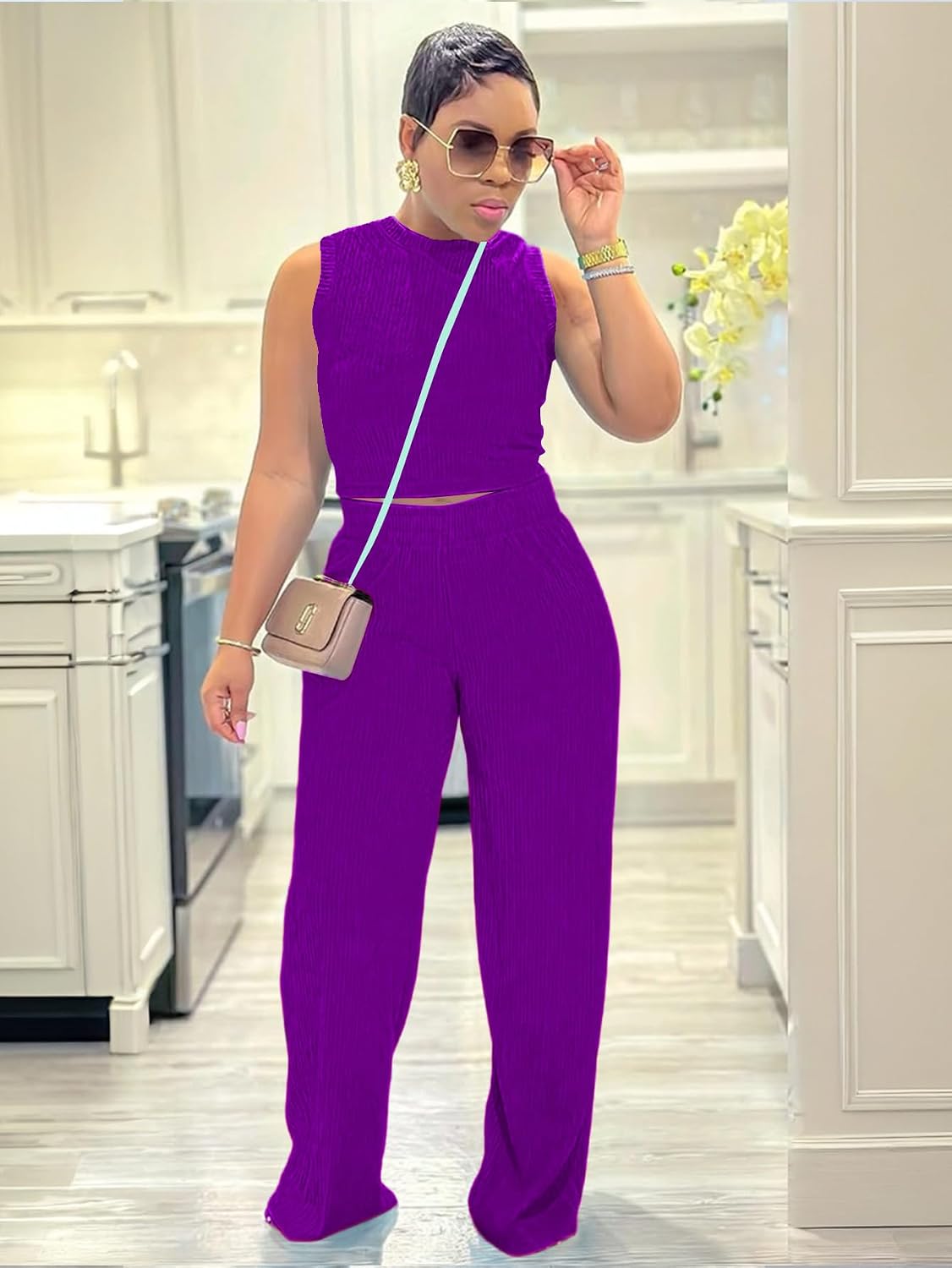 Women's Sleeveless 2 Piece Loungewear Set Soft Tank Top Wide Leg Pants Comfortable Casual Summer Outfit image 2