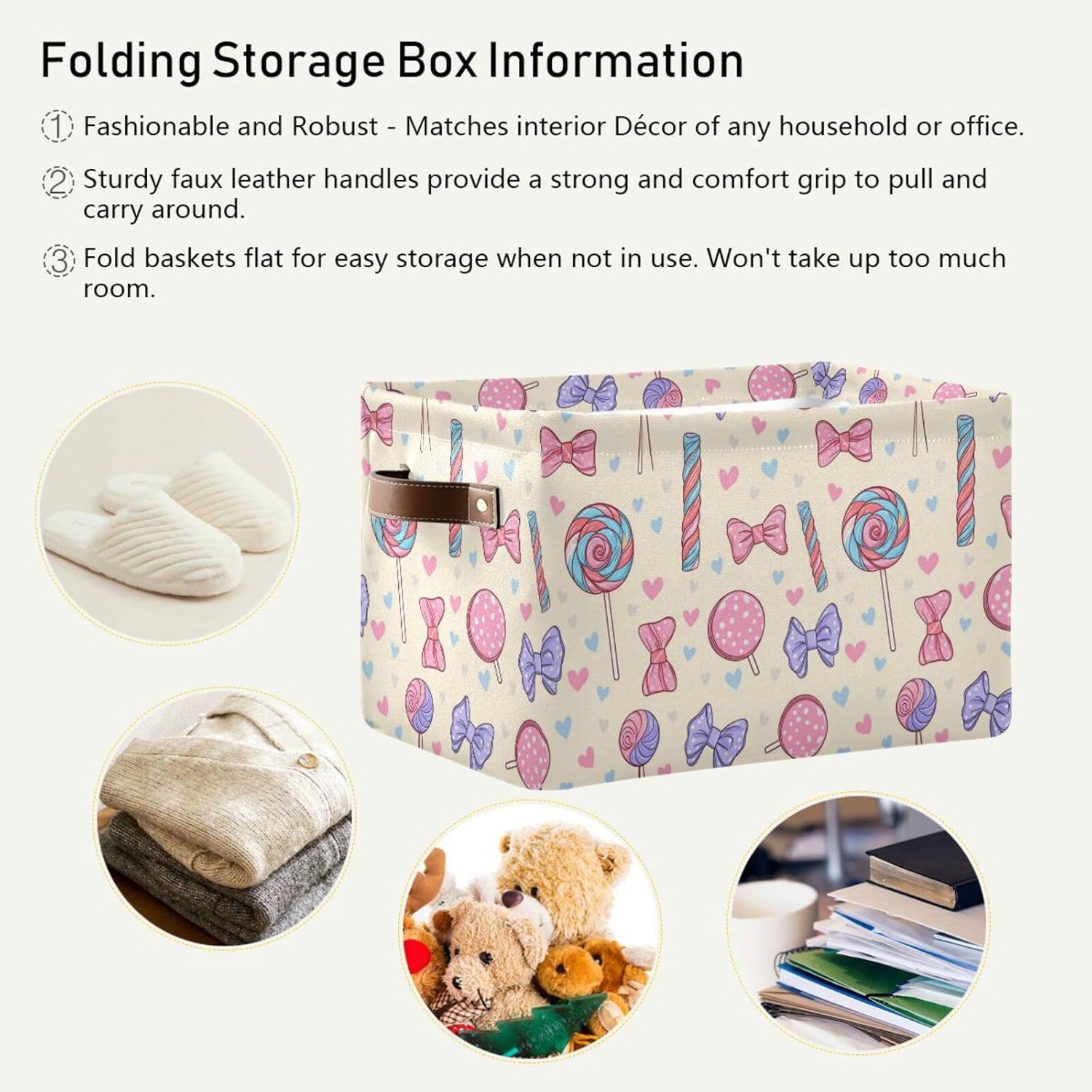 Aslsiy Colorful Sweet Lollipop Storage Basket Bins Yummy Candy Collapsible Storage Cube Clothes Organizer Laundry Hamper with Handles for Home Closet Blankets 1 Pcs