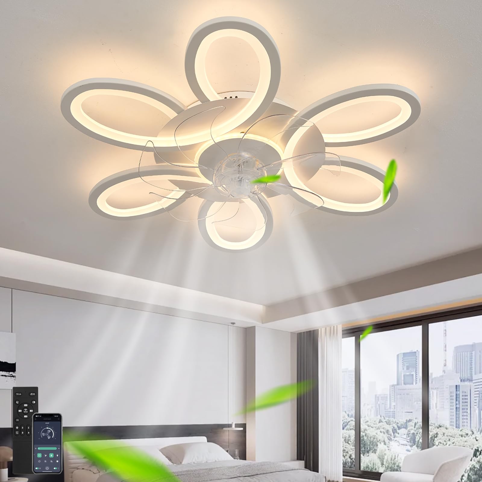 Lampadario Con Pale 65cm Per Camera Da Letto, Lampadario Ventilatore Reversibile 6 Velocità, Silenzioso LED Dimmerabile ventola Soffitto Con Luce, Funzione Di Memoria E Telecomando, Bianco