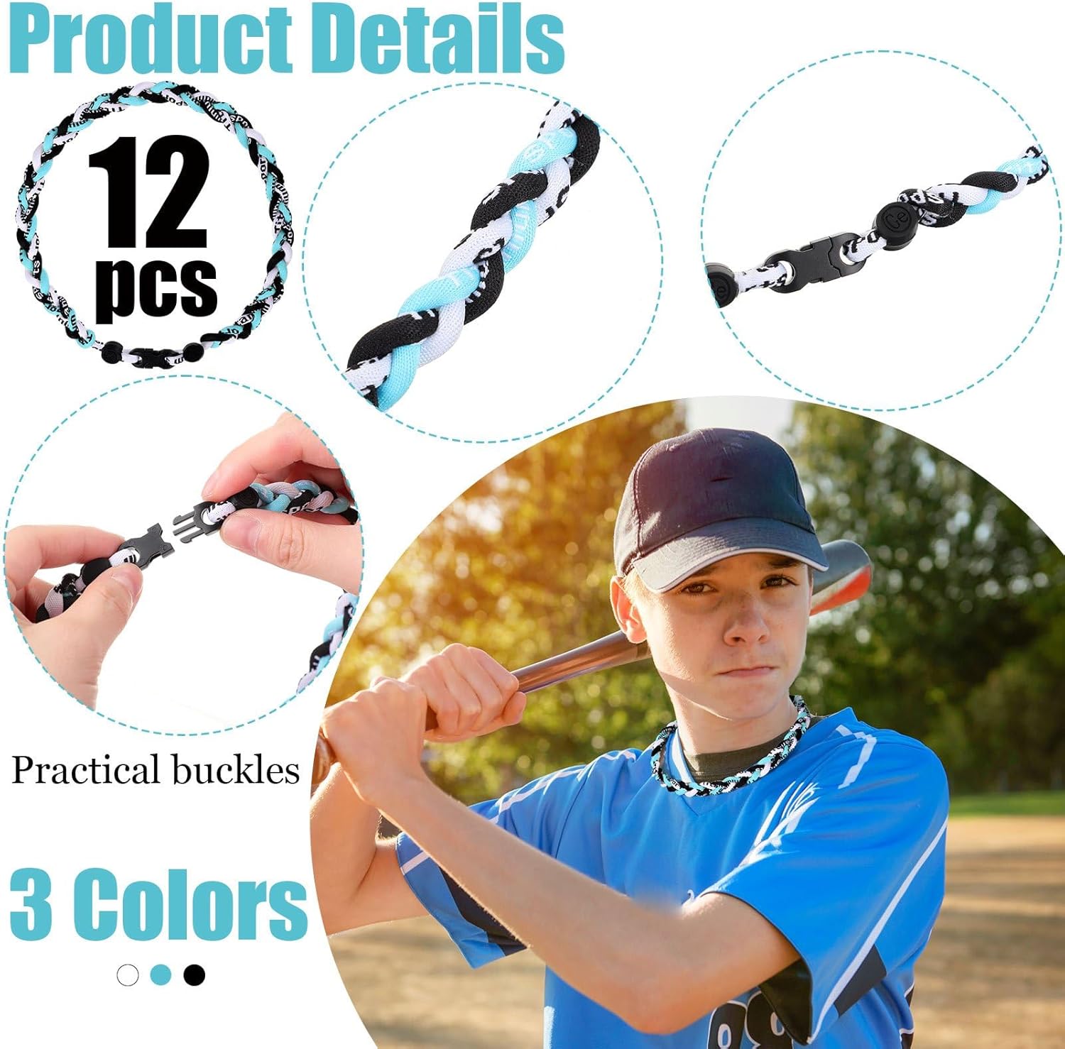 Zeyune 18" Baseball Necklace for Boys Three Braided Rope Tornado Titanium Baseball Rope Necklace Team Gifts for Sports - Image 2