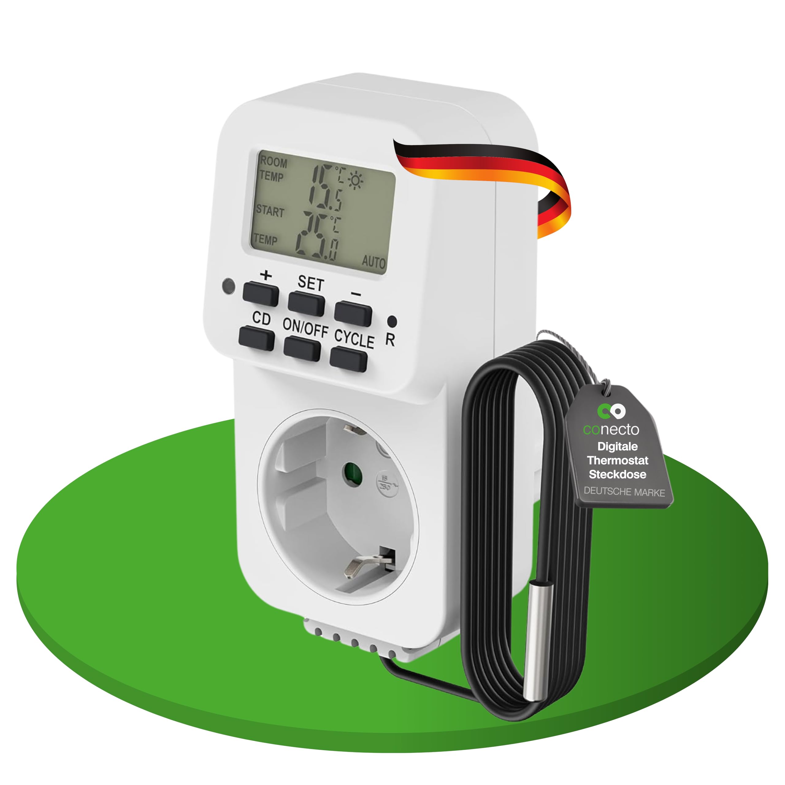 conecto Prise de Thermostat numérique avec capteur Externe et minuteur pour Terrarium, Serre, fumoir, Chauffage, régulateur de température, de Gel, 3600 W, Blanc