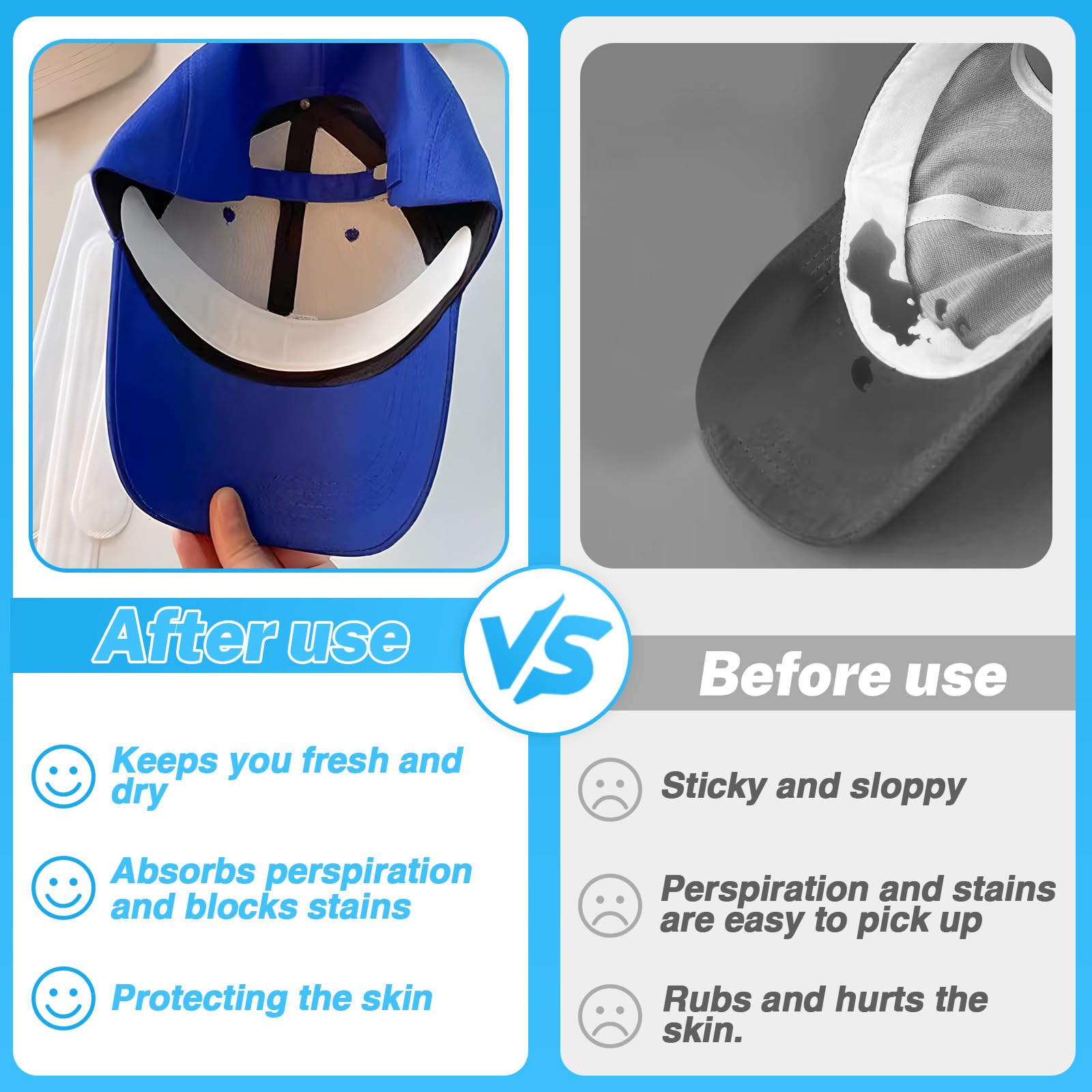 Modxiun - 100 piezas de forro de sudor para sombrero, almohadillas adhesivas para el sudor, transpirable, suave, protector de sudor, banda protectora de sudor para gorras de béisbol, sombrero de