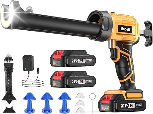 Uaoaii Electric Caulking Gun, Cordless Caulking Gun with 2x 2000mAh Batteries, 9Pcs Silicone Caulking Tools, 4 Adjustable Speeds, LED Light, 10OZ Drip-Free Battery Silicone Gun for Filling, Sealing