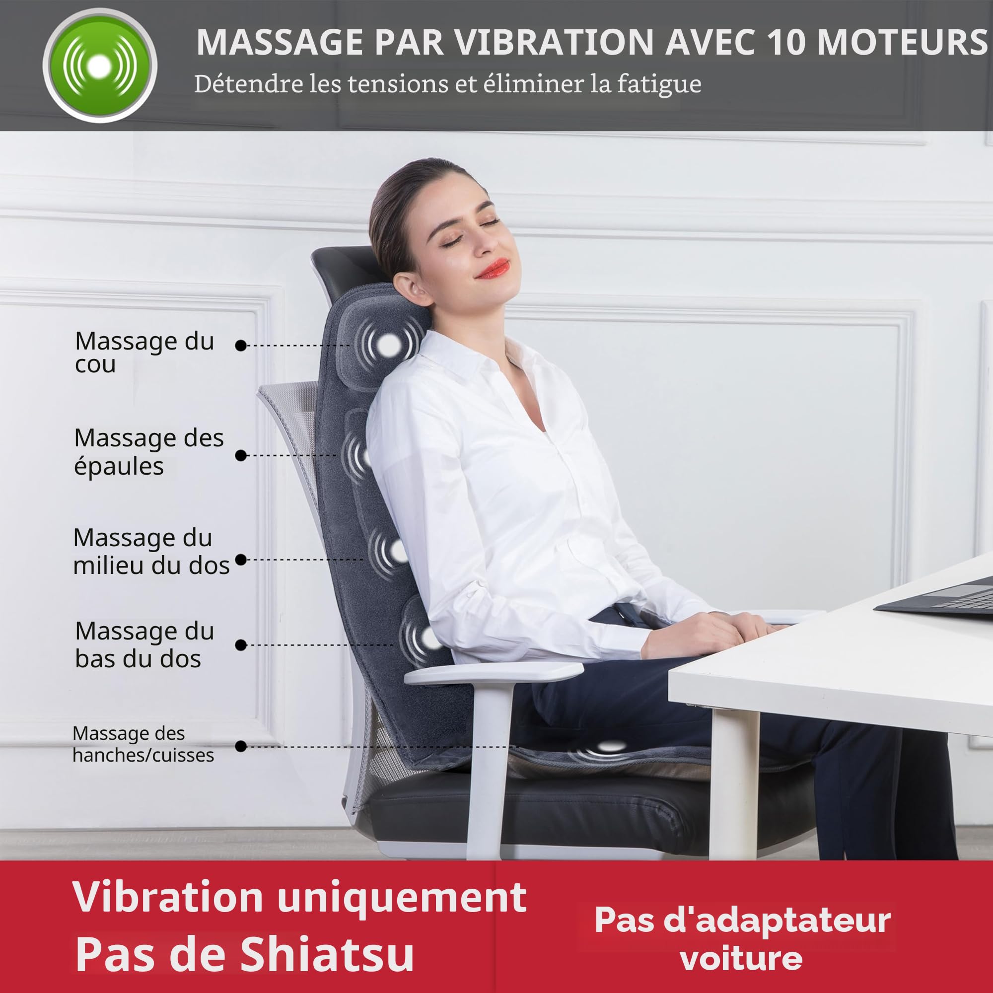 Snailax Siège Massant avec Chaleur, 10 Moteurs de Vibration Coussin de Siège de Massage, Coussin de Massage, Masseur de Dos pour la détente à la maison bureau, Cadeaux