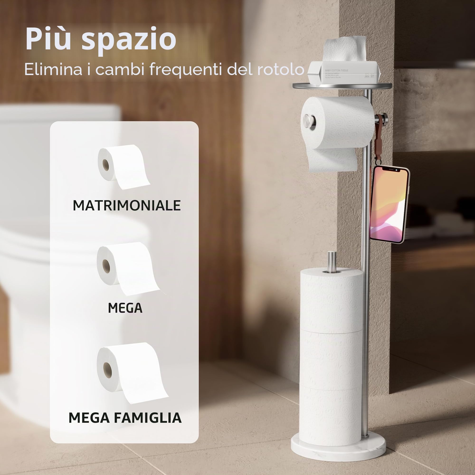 KES Porta Carta Igienica da Terra con Mensola, Portarotolo Carta Igienica Bagno con Portarotoli di Scorta, Acciaio Inox Satinato 18/8, Base in Marmo, Accessori Bagno BPH229-2