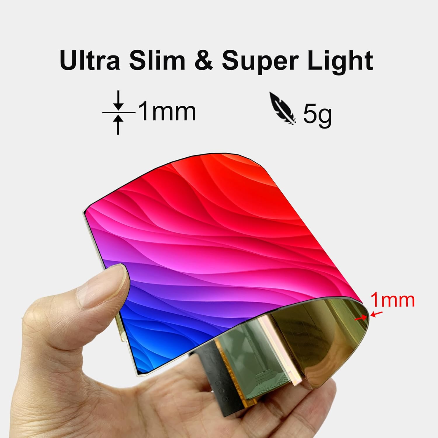 Image highlighting the ultra-slim (1mm) and super-light (5g) design of the flexible OLED screen.