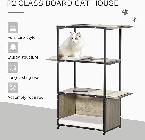 Miniatura 3 de PawHut Casa para gatos de 48 pulgadas de alto con 3 plataformas de escalada, 1 condominio, almohadilla para arañazos y cojines extraíbles, grisnegro