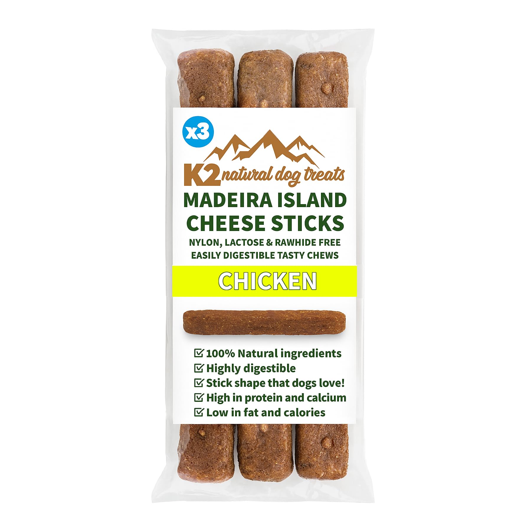 K2 100% Natural Dog Treats – Madeira Cheese & Chicken Chew Sticks, Gluten Free, Grain Free, 3‑Pack (150 g)