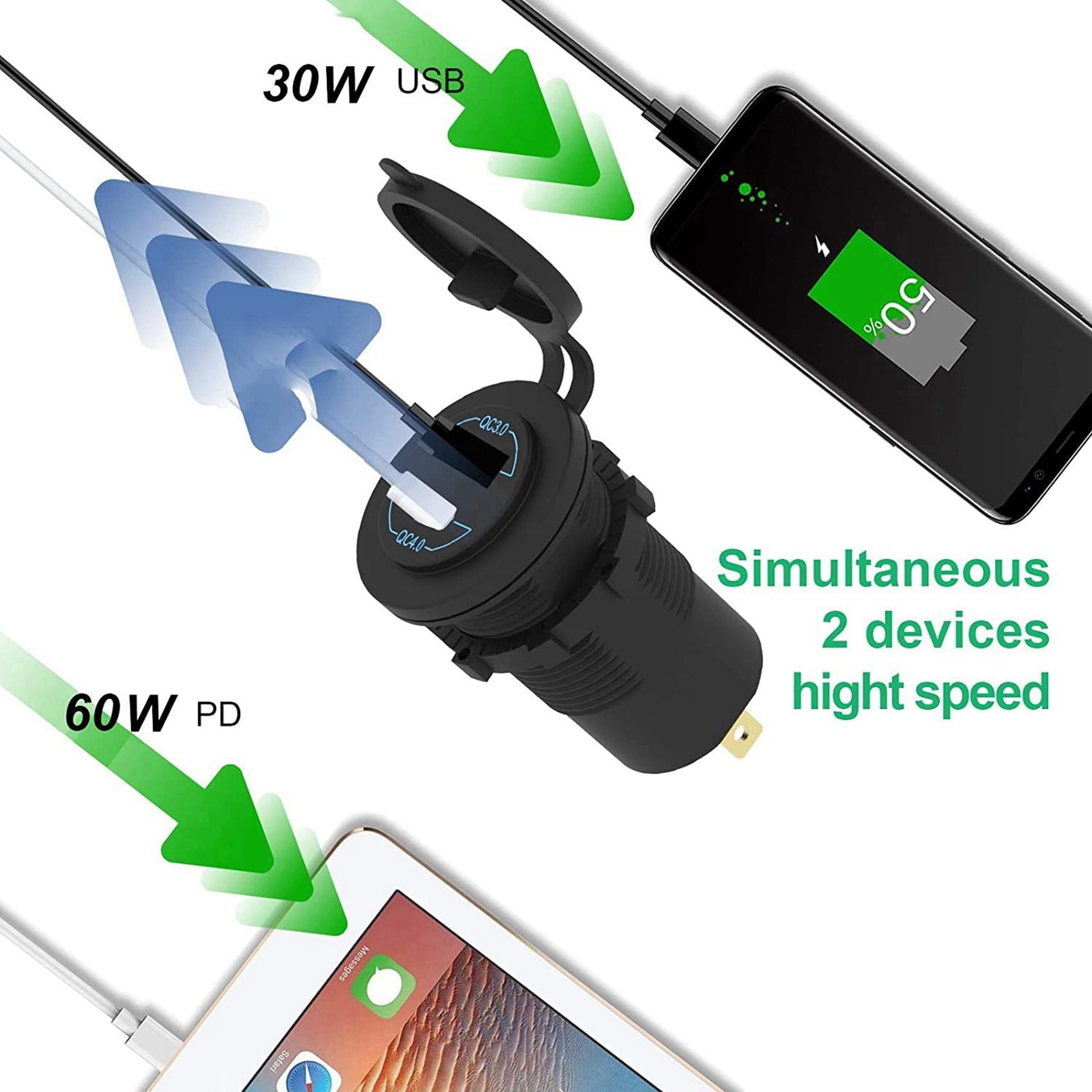 4X Quick Charge 4.0 PD QC 3.0 USB caricabatteria da auto 12 V 24 V 60 W presa USB caricabatterie rapido per auto, barca, camion, , moto