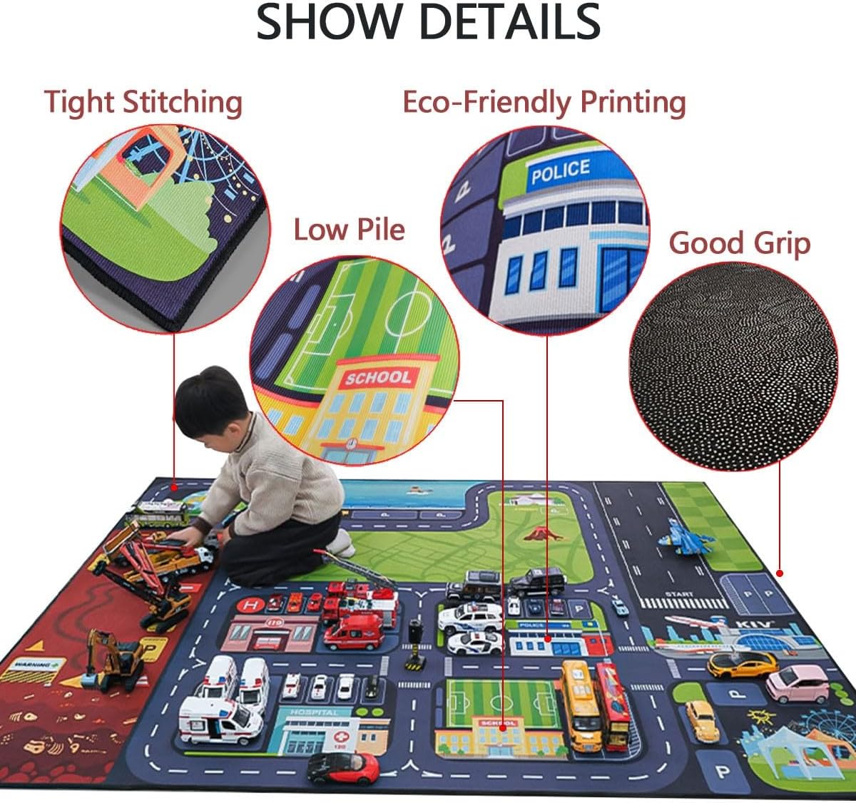 Kids Car Rug Carpet Playmat with Road Track, Non-Slip Child Car Parking Mats, Washable Toddler City Life Street Map Carpet for Playroom Bedroom or Lawn 2'11" × 3'11"