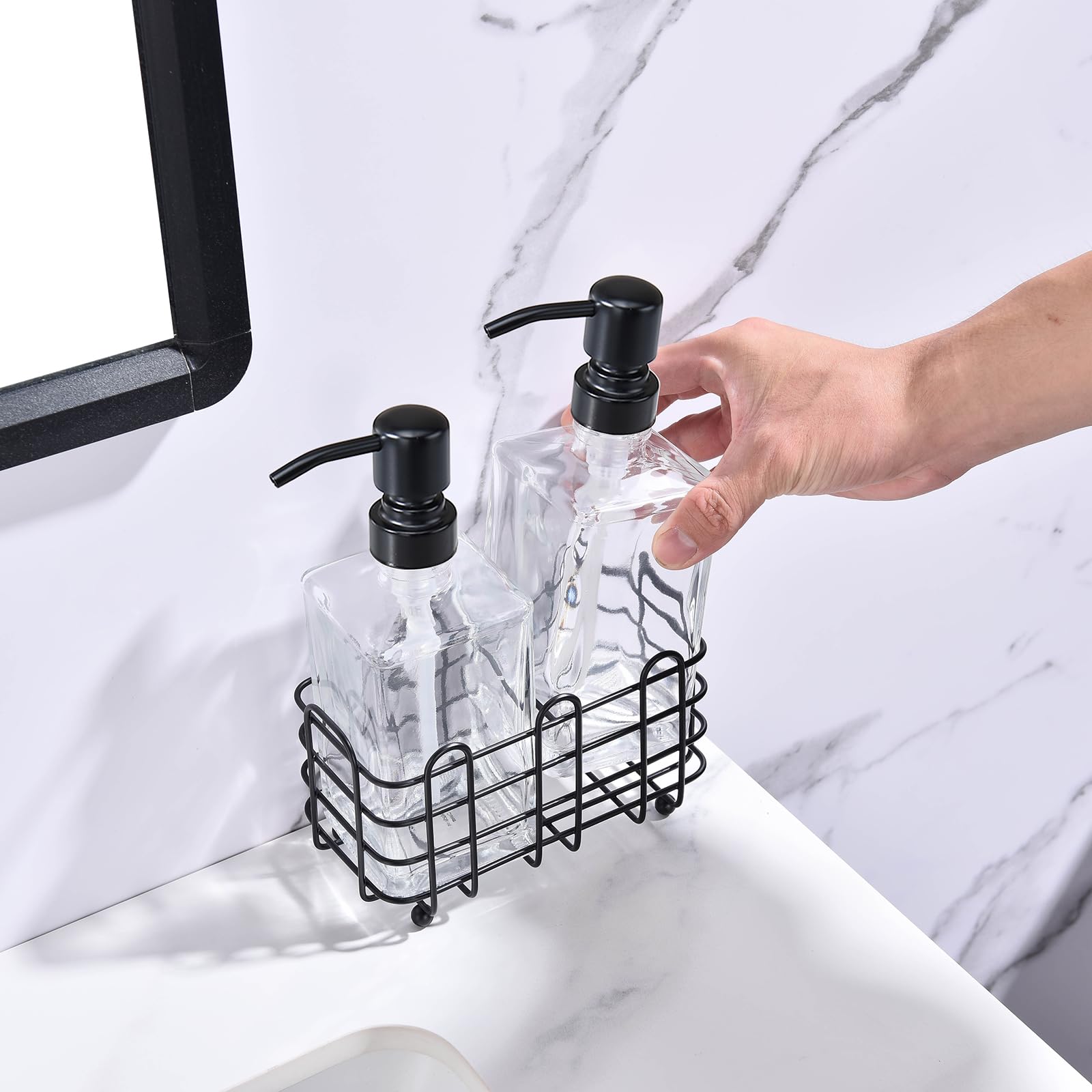 Juego de dispensador de jabón de vidrio con cesta de almacenamiento de metal, bomba de acero inoxidable y botella dispensadora de jabón de vidrio cuadrado transparente, 2 dispensadores de jabón de